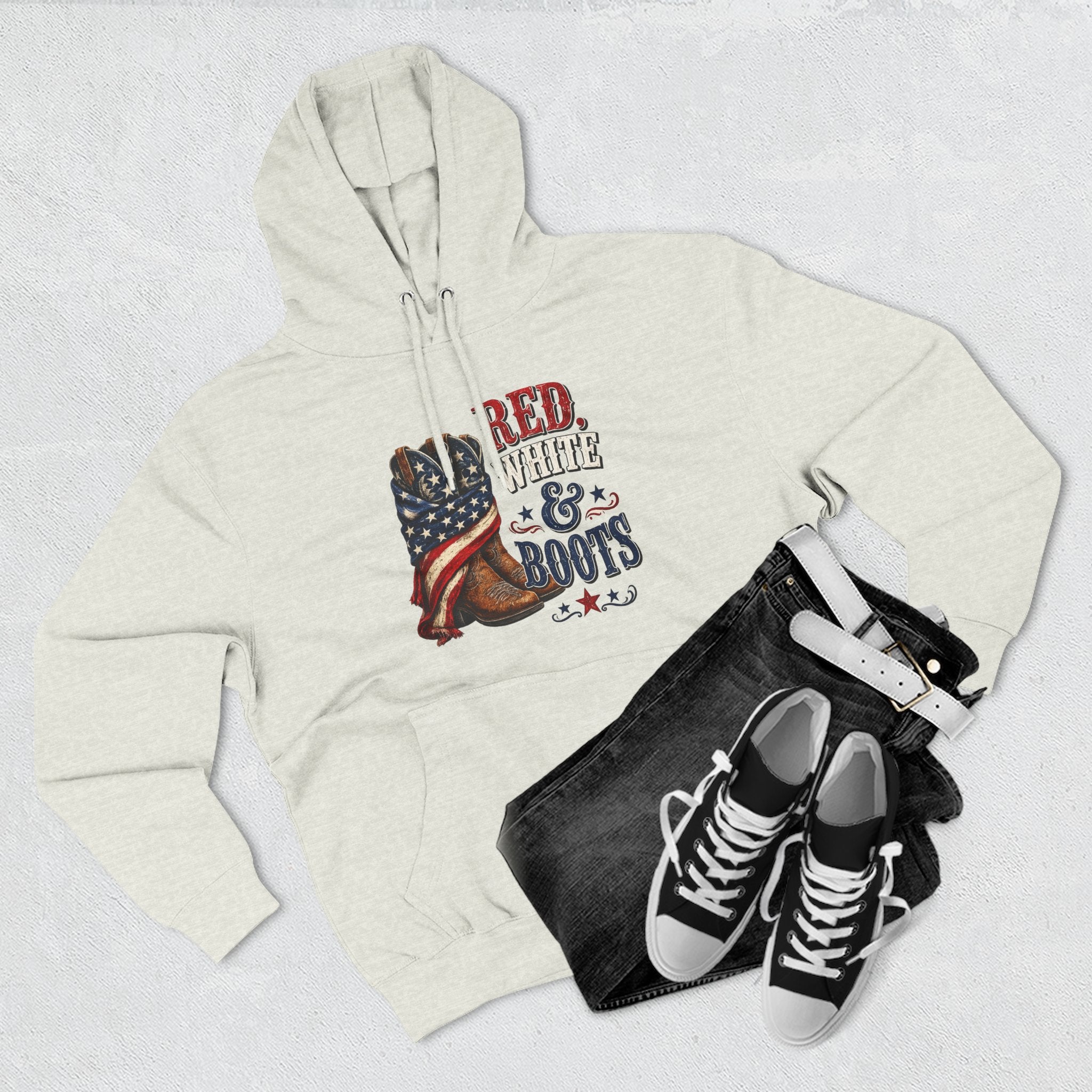 Patriotic 'Red White & Boots' Hoodie — American Flag Cowboy Boots Pullover