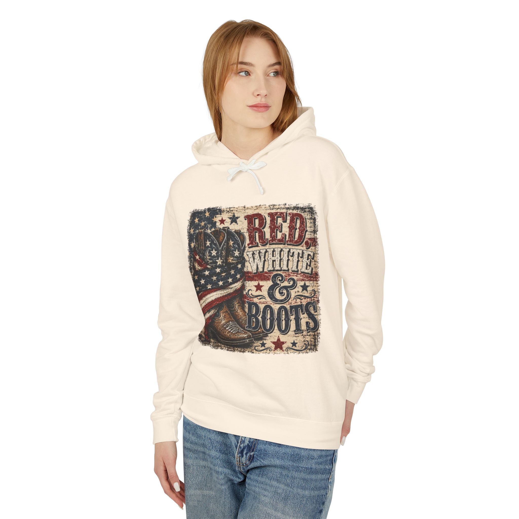 Patriotic "Red White & Boots" Women's Hoodie — American Flag Cowboy Boot Graphic Hoodie