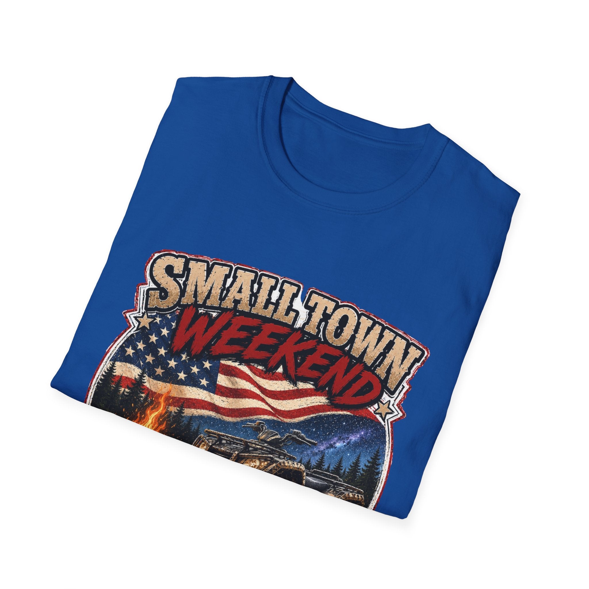 Small Town Weekend T-Shirt — Americana Flag, Bonfire & ATV Retro Graphic