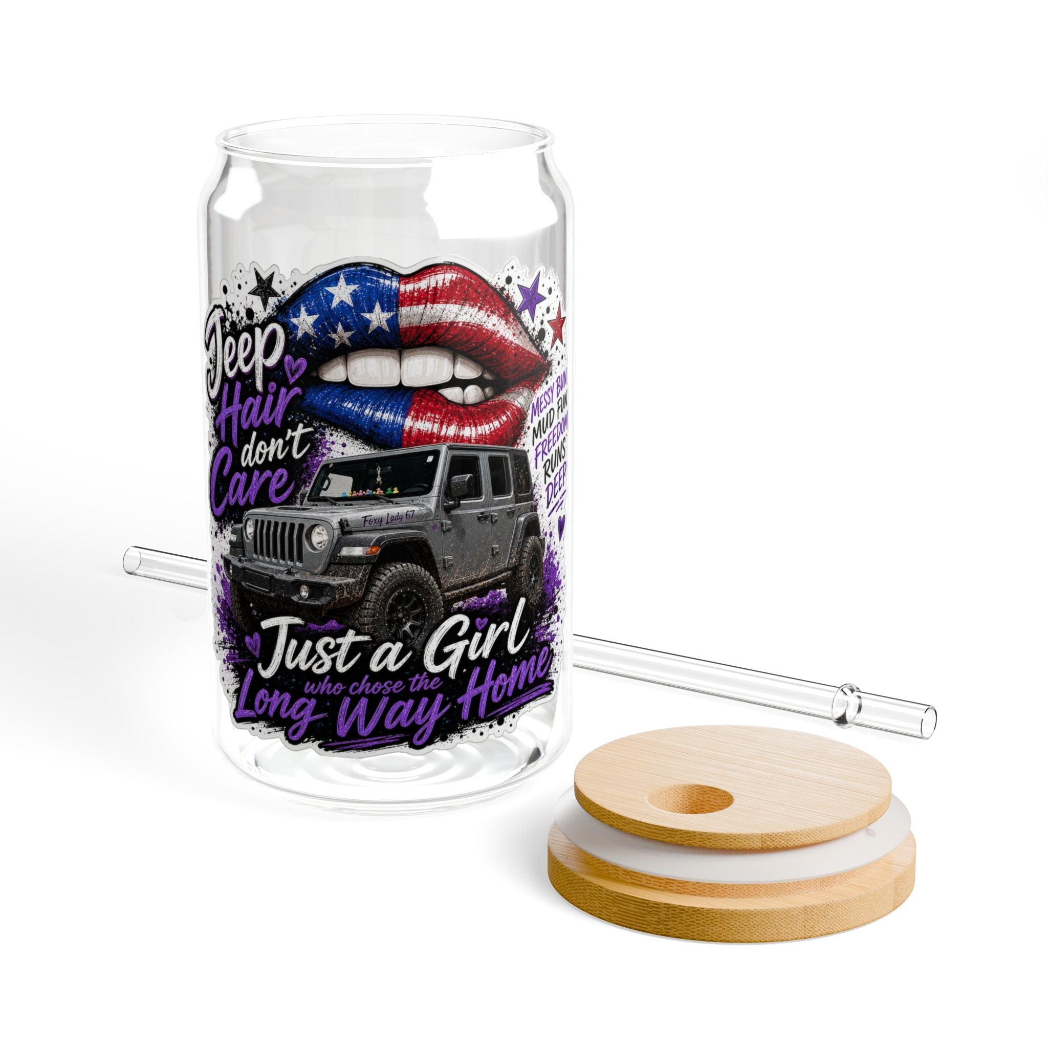 Jeep Girl 16oz Sipper Glass – 'Jeep Hair Don't Care' Patriotic Lips Design