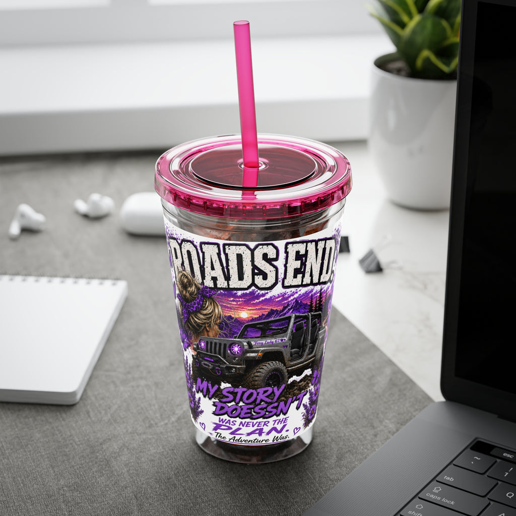 Roads End 16oz Tumbler with Straw — Purple Adventure Truck Design