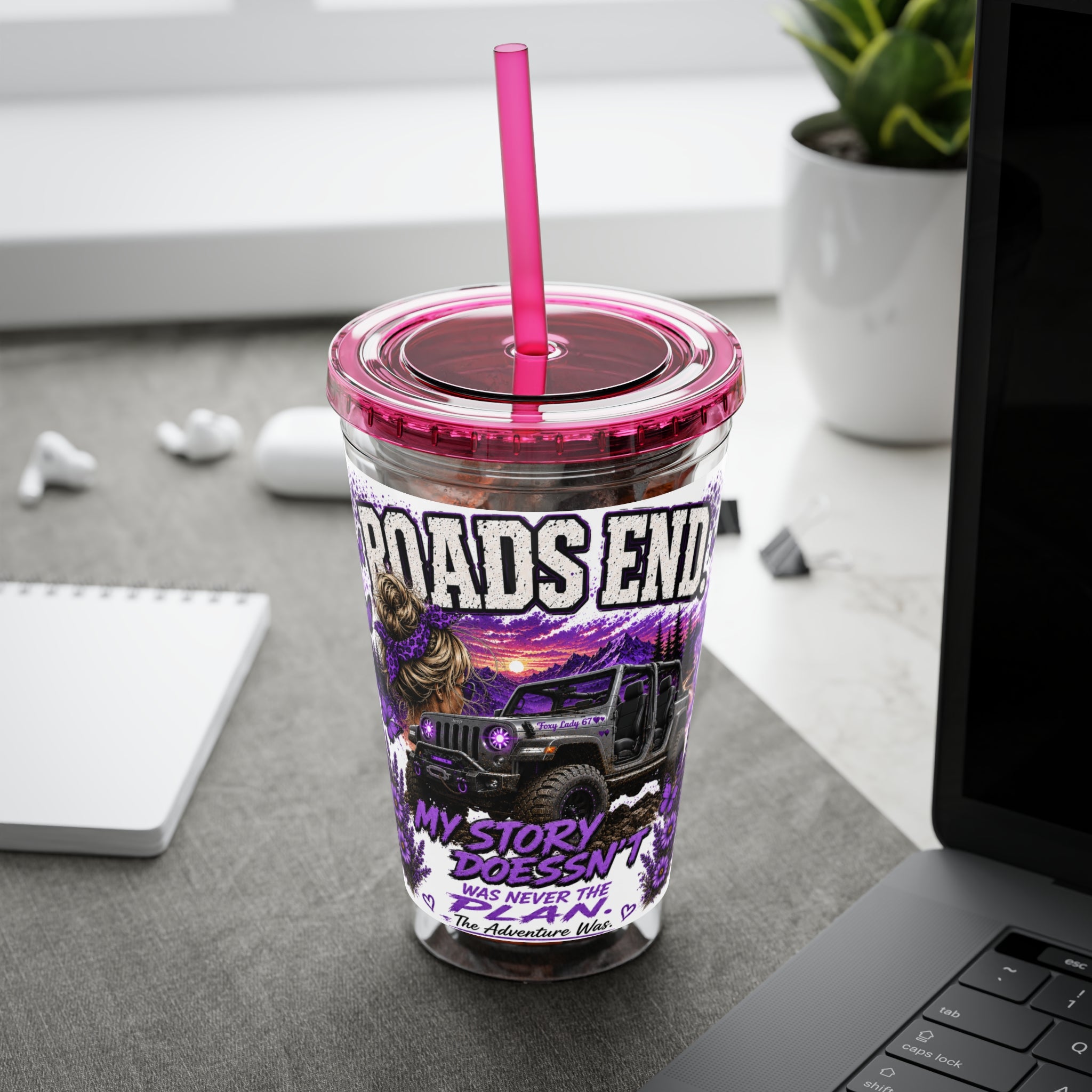 Roads End 16oz Tumbler with Straw — Purple Adventure Truck Design