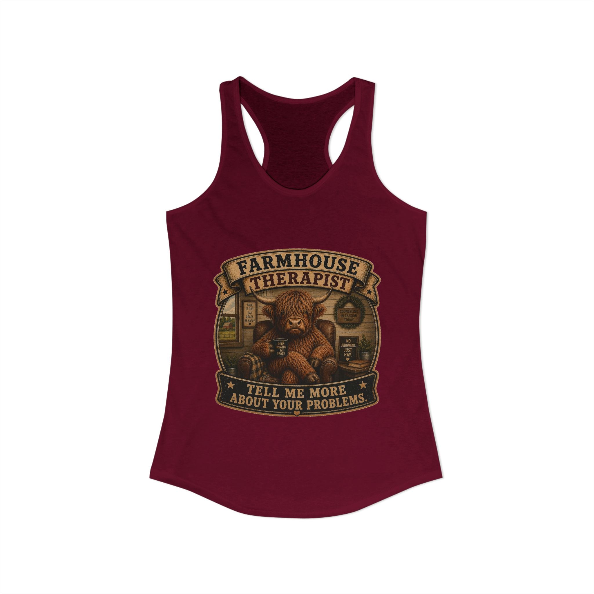 Farmhouse Therapist Highland Cow Women's Ideal Racerback Tank