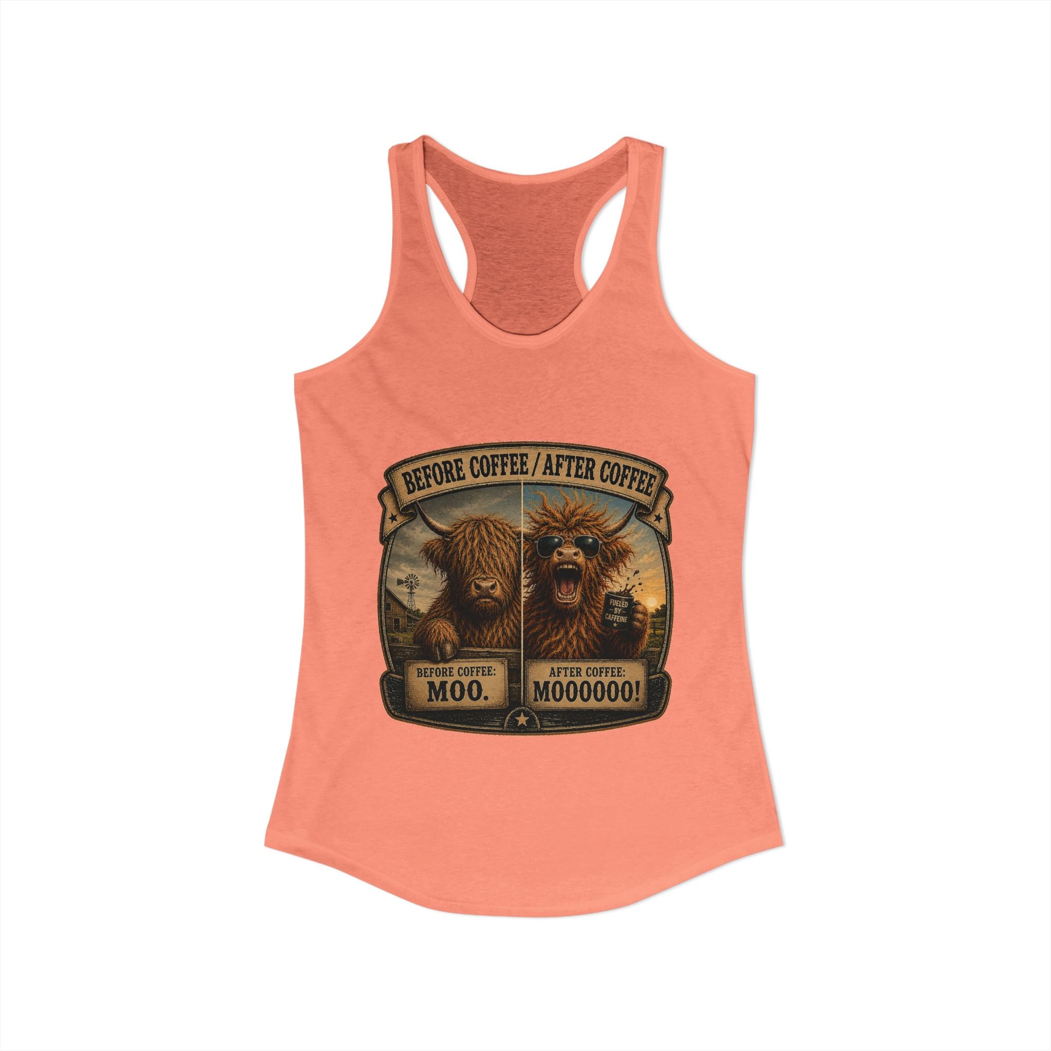 Before Coffee/After Coffee Highland Cow Women's Ideal Racerback Tank
