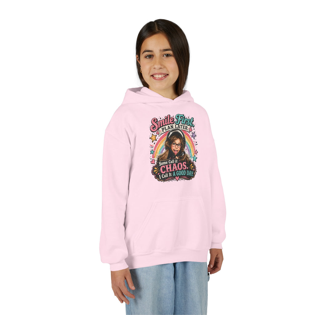 “Smile First, Plan Later” Retro Rainbow Chaos Graphic — Youth Hoodie