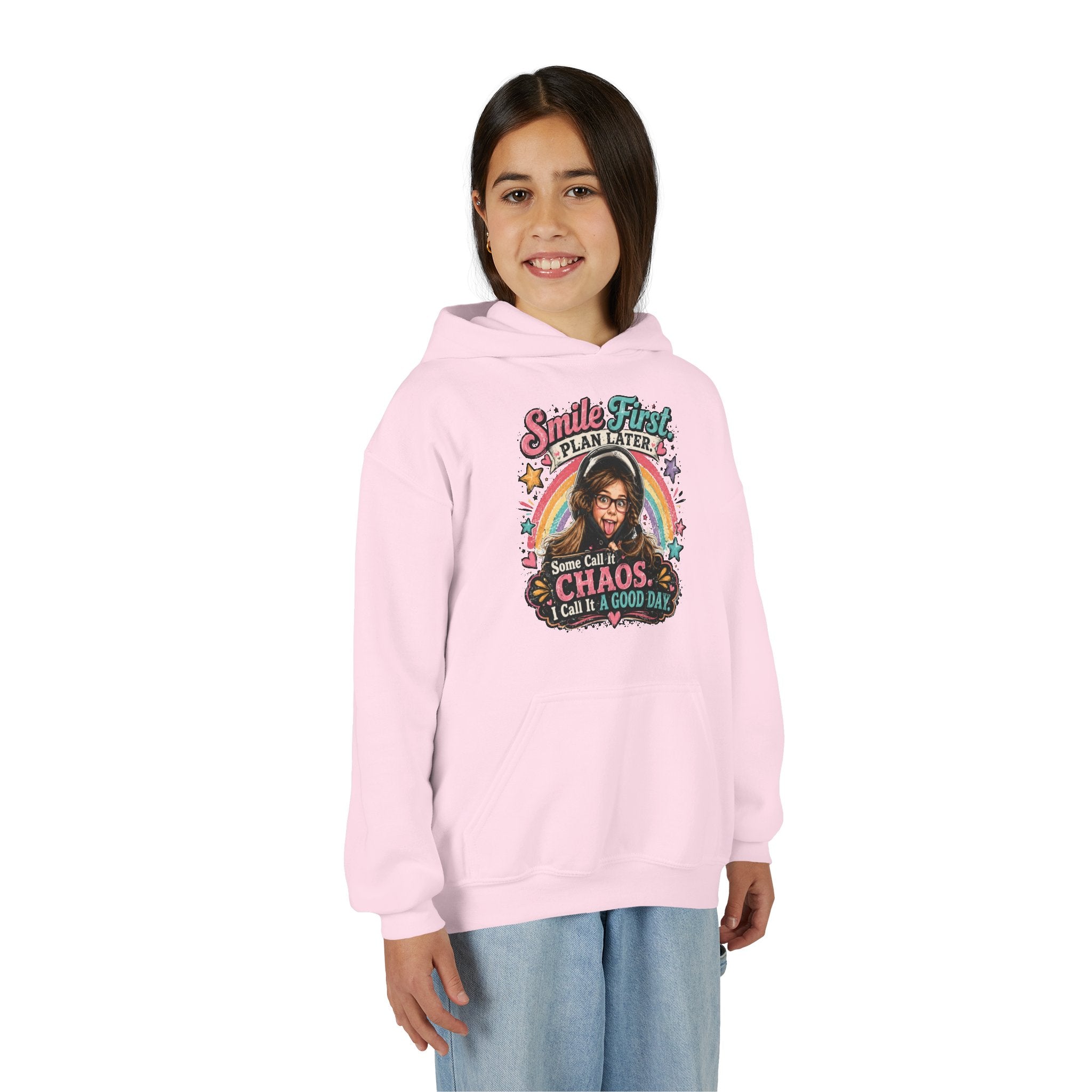 “Smile First, Plan Later” Retro Rainbow Chaos Graphic — Youth Hoodie