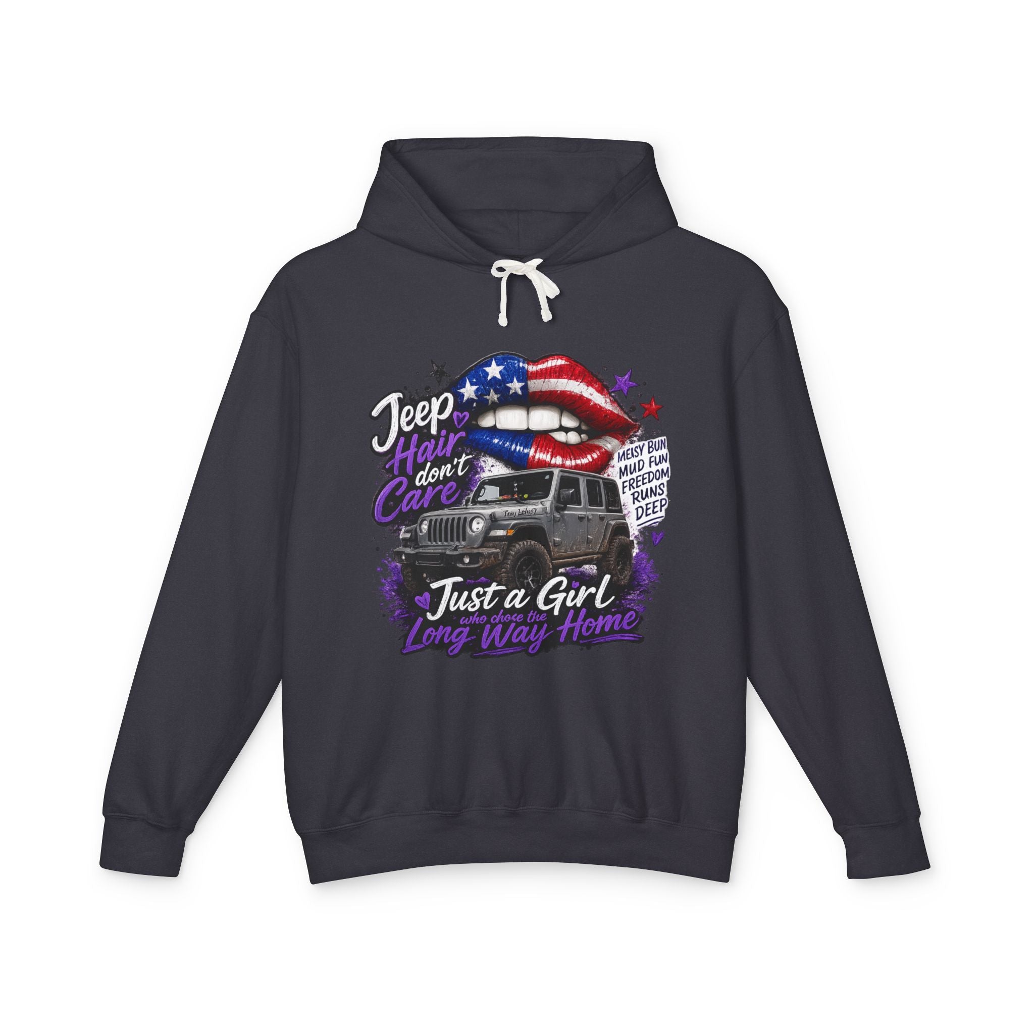 Jeep Just a Girl Hoodie – American Flag Lips Off-Road Sweatshirt