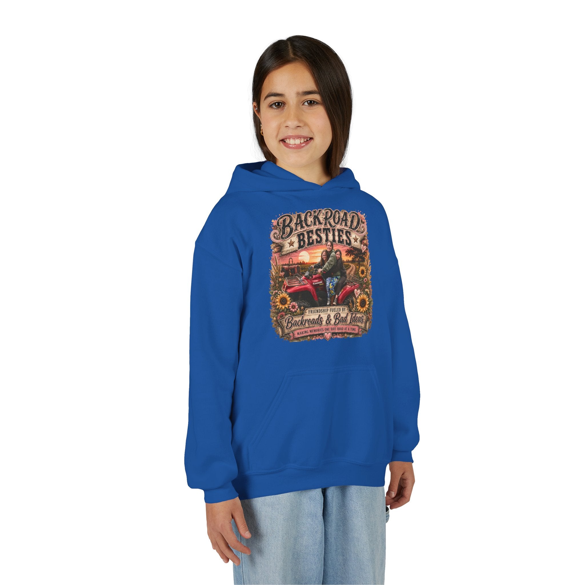 "Backroad Besties" Vintage Truck & Sunflower — Graphic Youth Hoodie