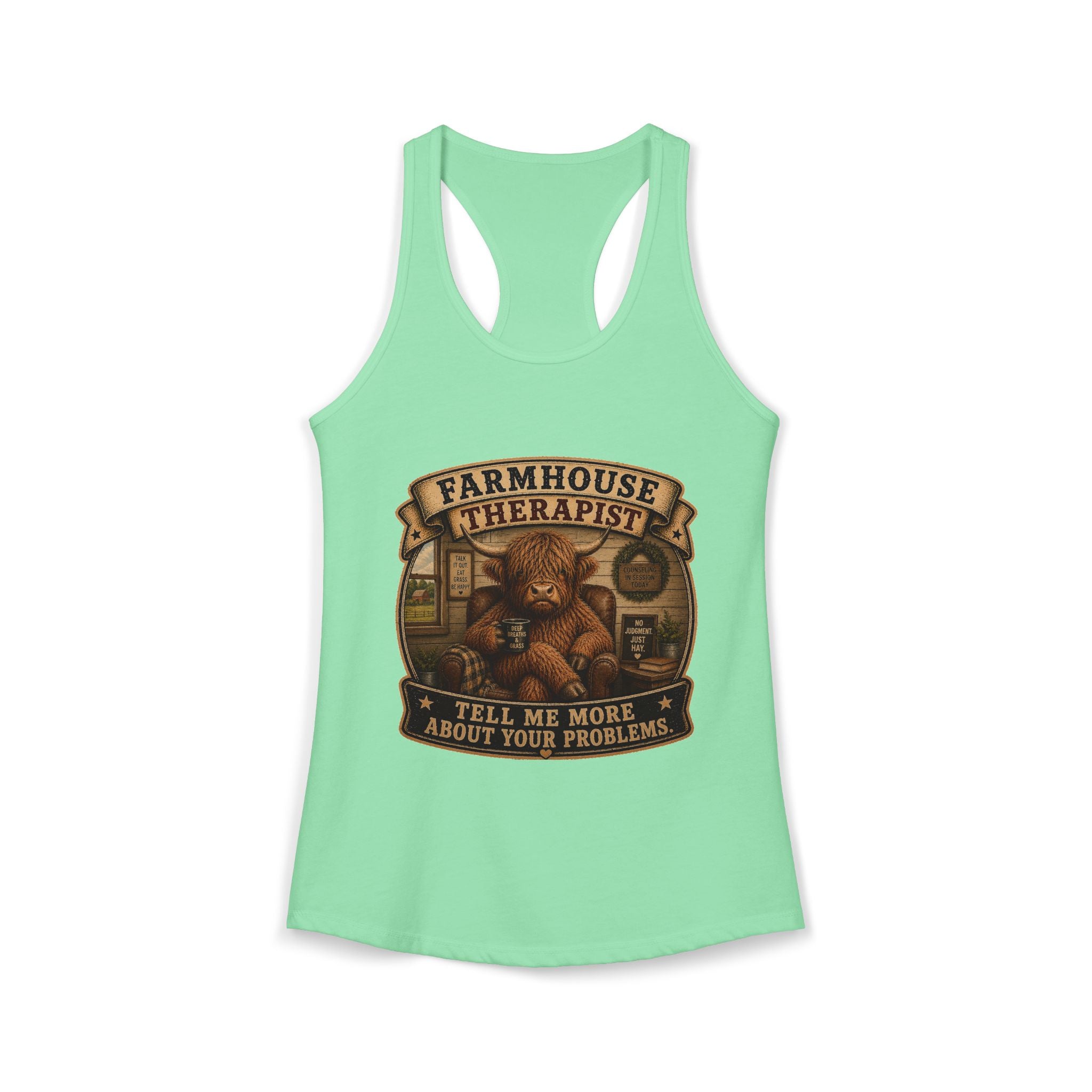 Farmhouse Therapist Highland Cow Women's Ideal Racerback Tank