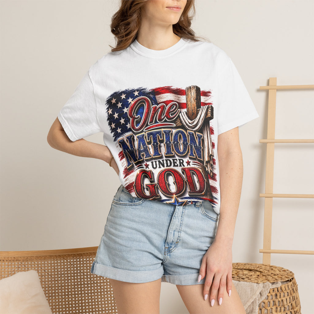 One Nation Under God T-Shirt — Patriotic American Flag & Cross Graphic