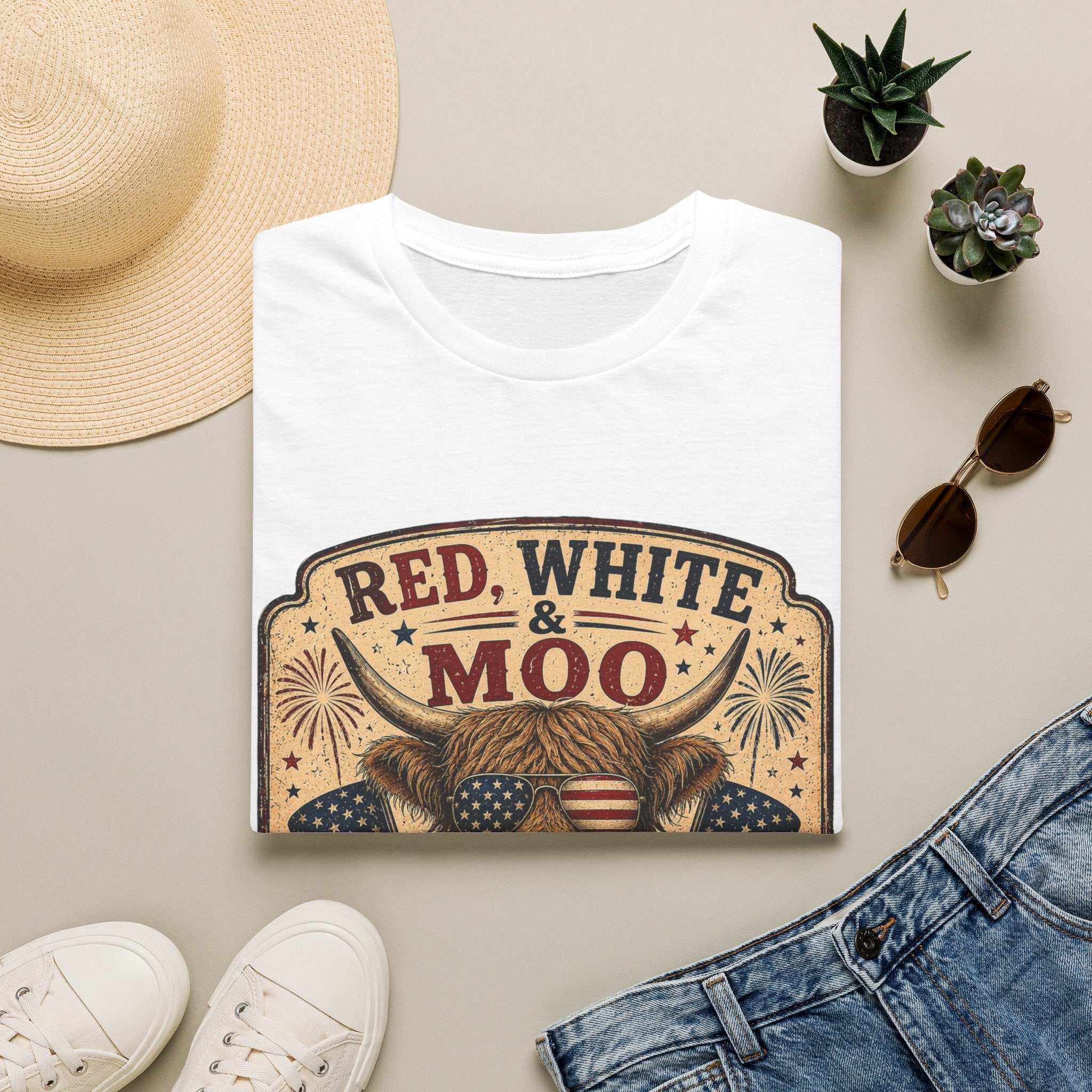Red, White, & Moo Highland Cow Unisex Softstyle T-Shirt