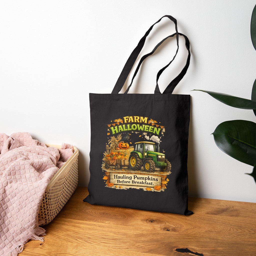 Farm Halloween Tote Bag — "Hauling Pumpkins Before Breakfast" Cotton Canvas Tote