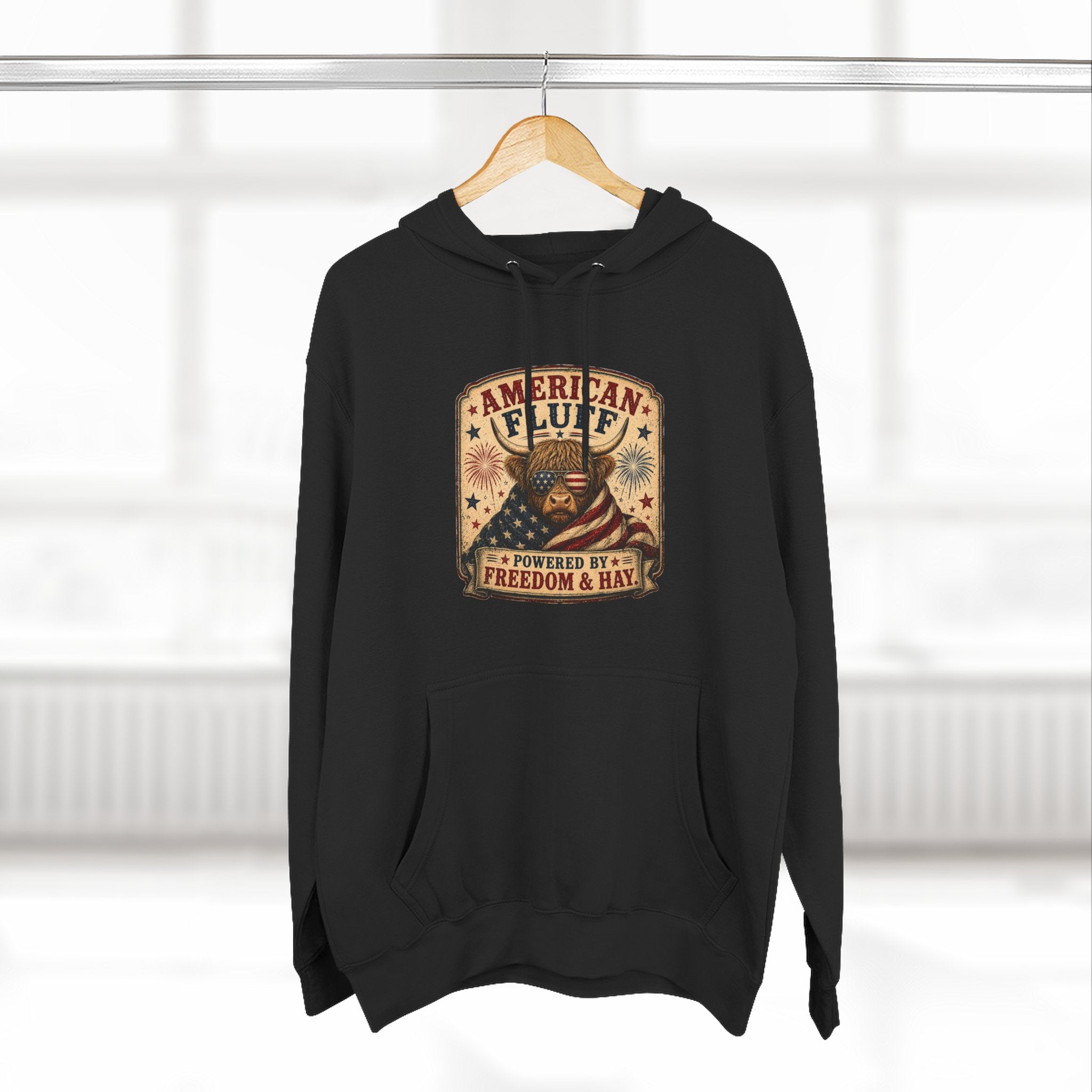 American Fluff Highland Cow Three-Panel Fleece Hoodie