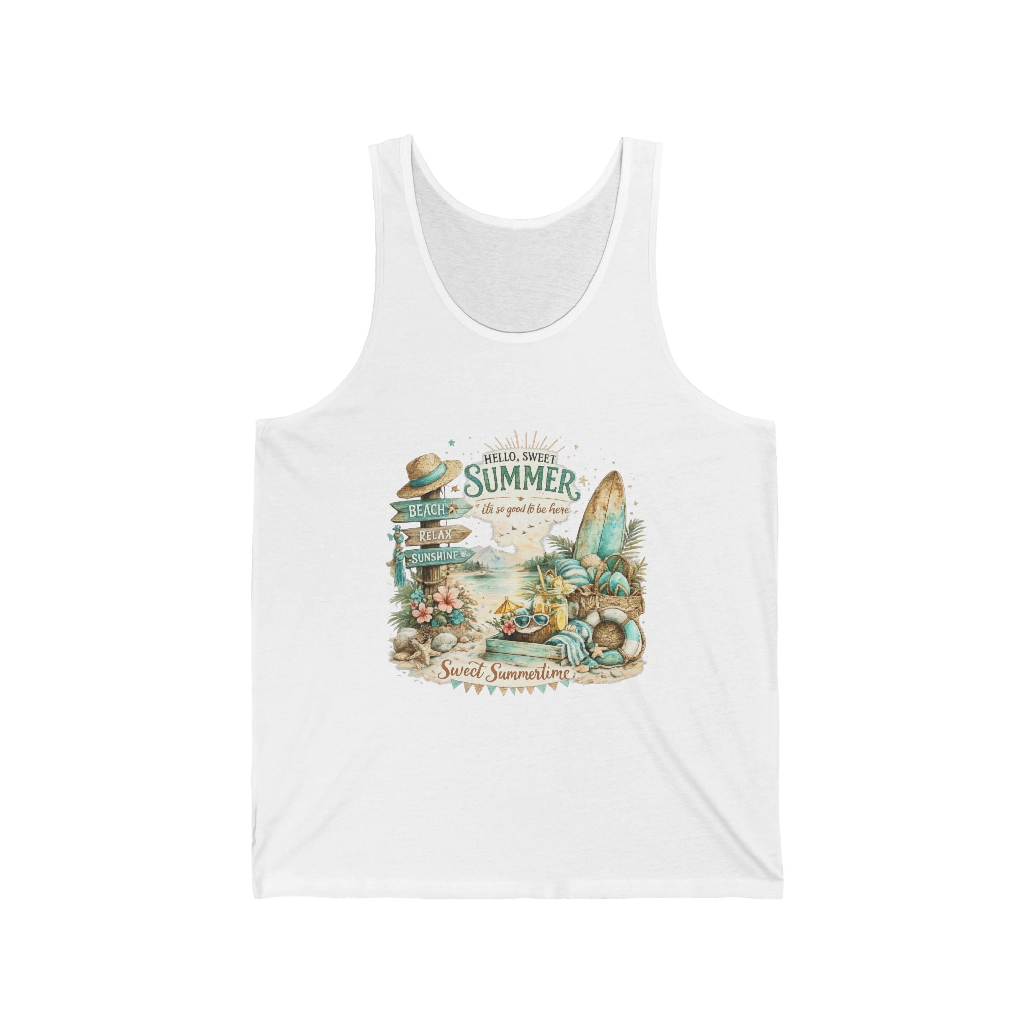 Summer Beach Tank Top — Vintage Tropical "Hello Sweet Summertime" Design