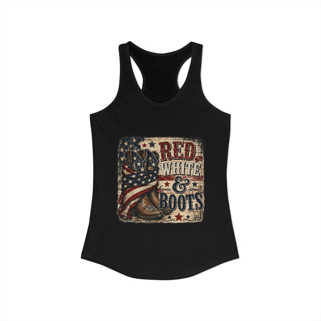 Patriotic "Red White & Boots" Women's Ideal Racerback Tank— American Flag Cowboy Boot Tank