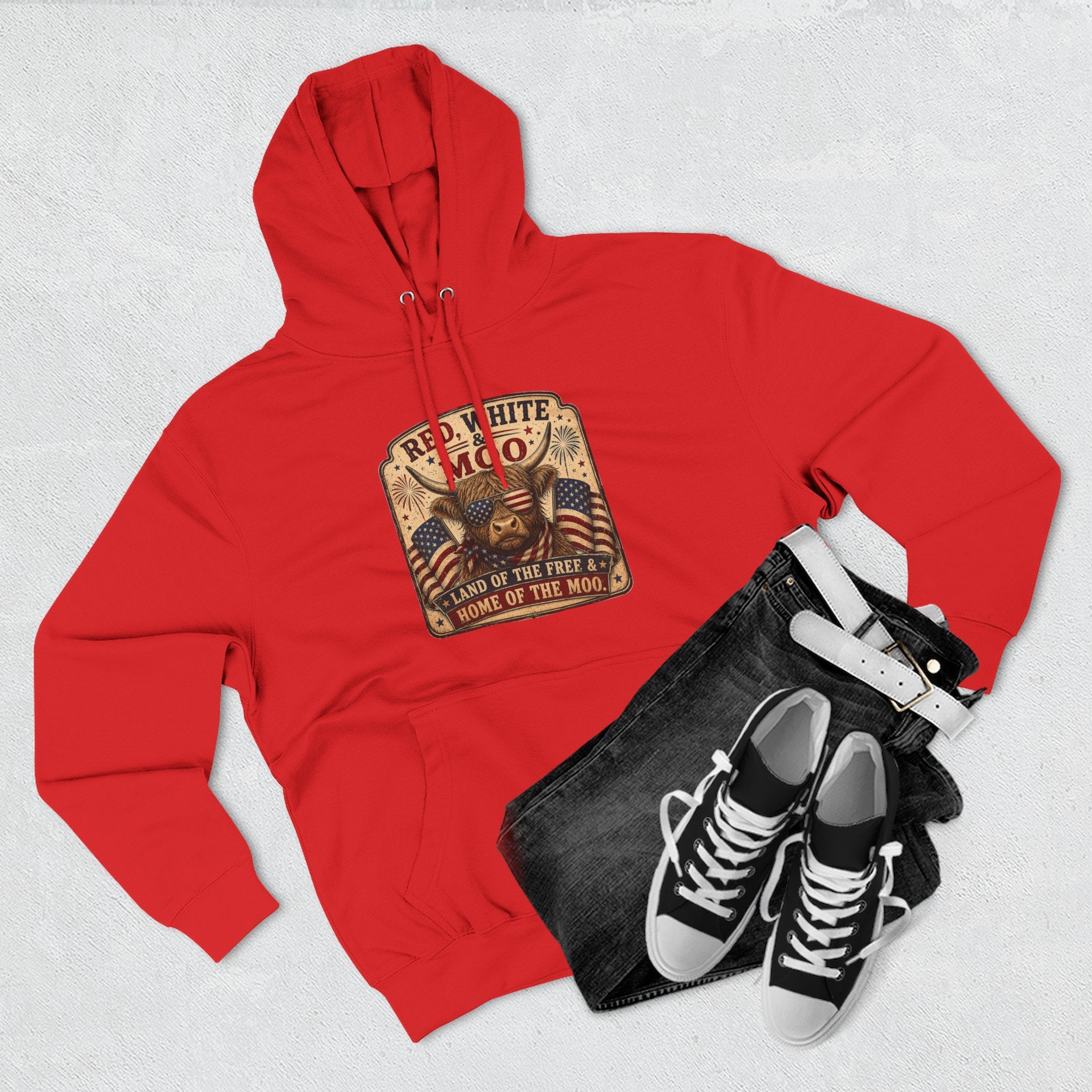 Red, White, & Moo Highland Cow Three-Panel Fleece Hoodie