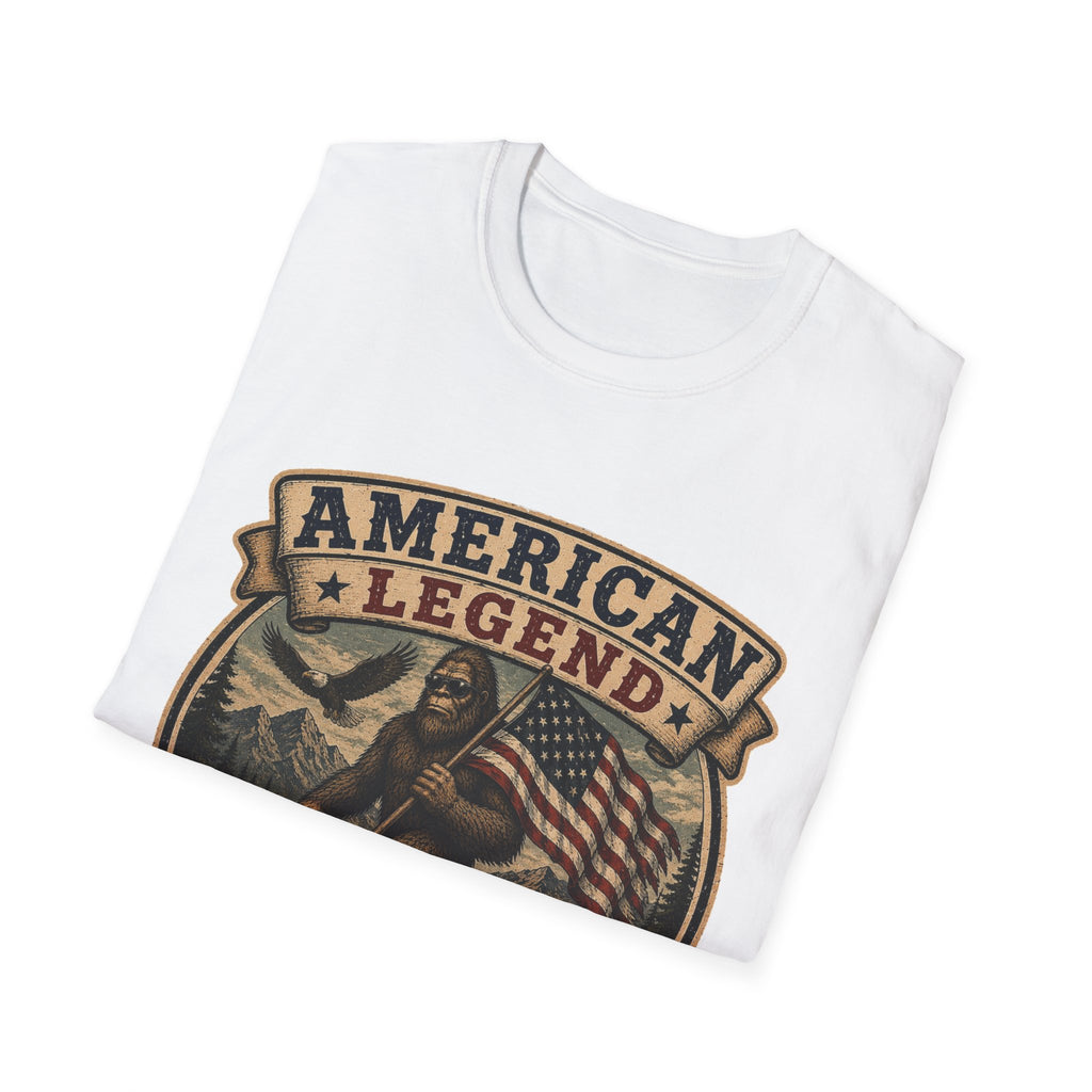 American Legend T-Shirt — Patriotic Bigfoot Design ("Protected by Freedom & Mystery")