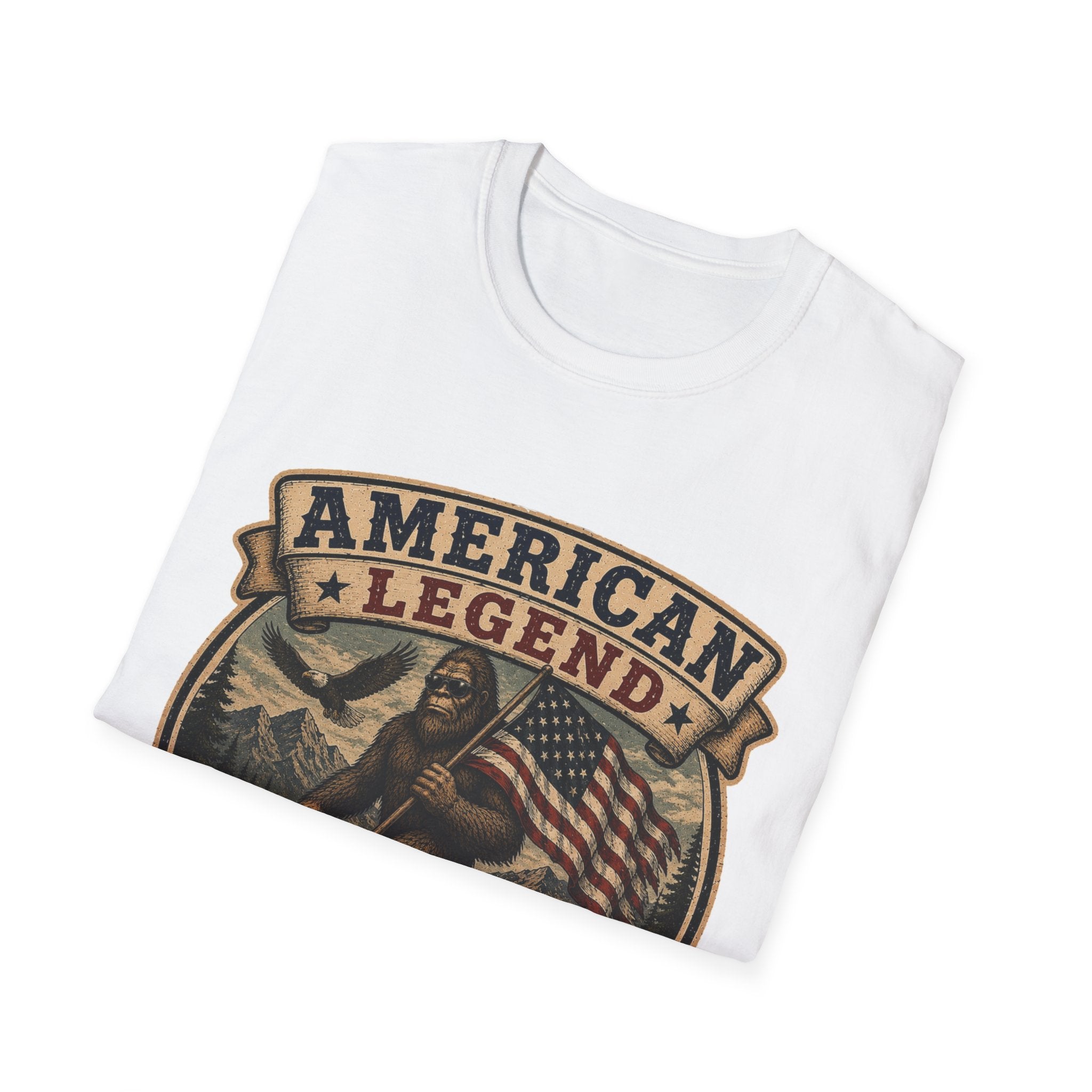 American Legend T-Shirt — Patriotic Bigfoot Design ("Protected by Freedom & Mystery")