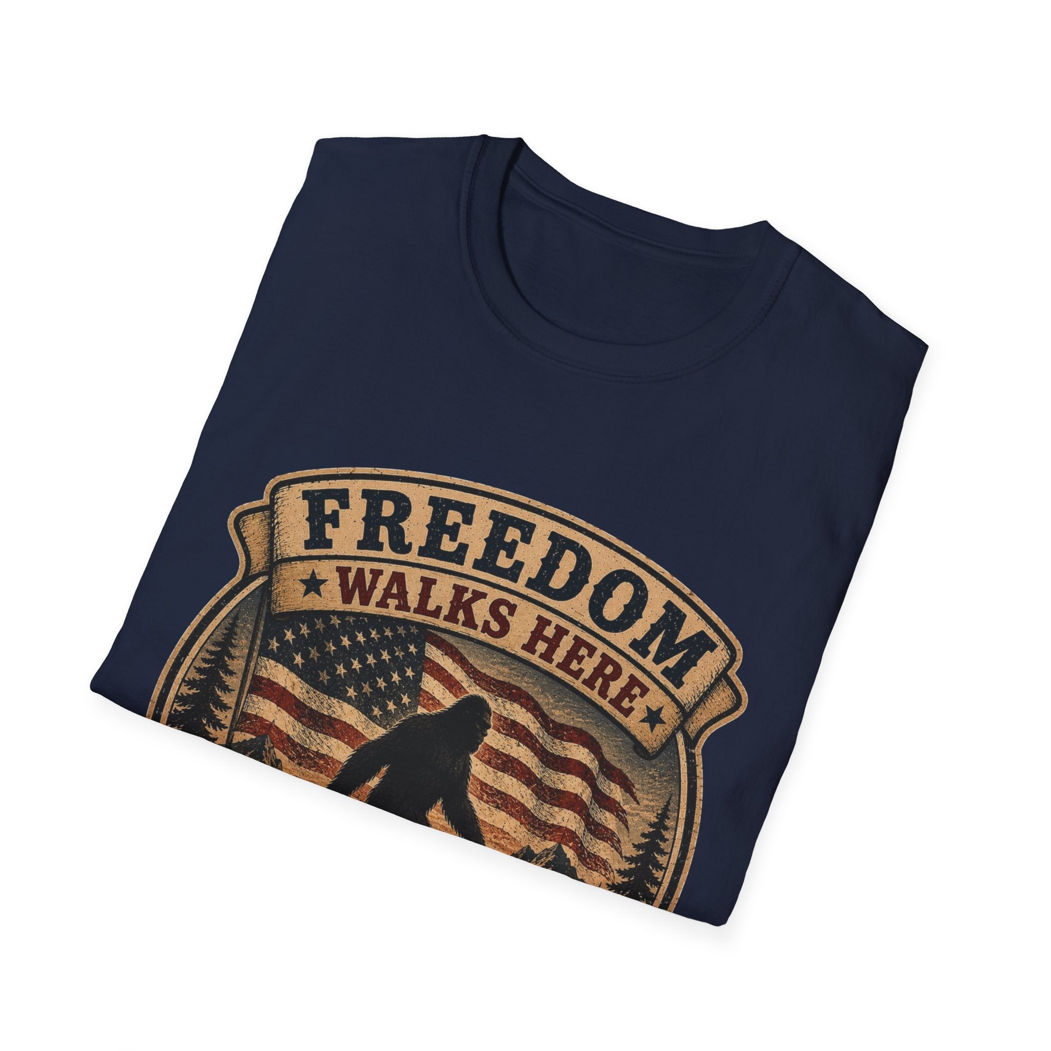 Freedom Walks Here T-Shirt — Patriotic Bigfoot Graphic Tee
