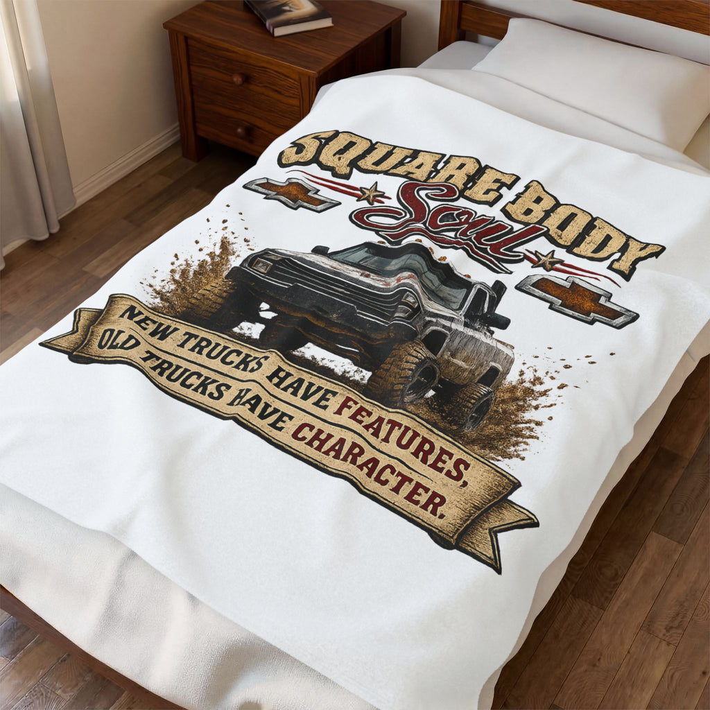 Square Body Soul Truck Velveteen Plush Blanket — “New Trucks Have Features, Old Trucks Have Character” Throw