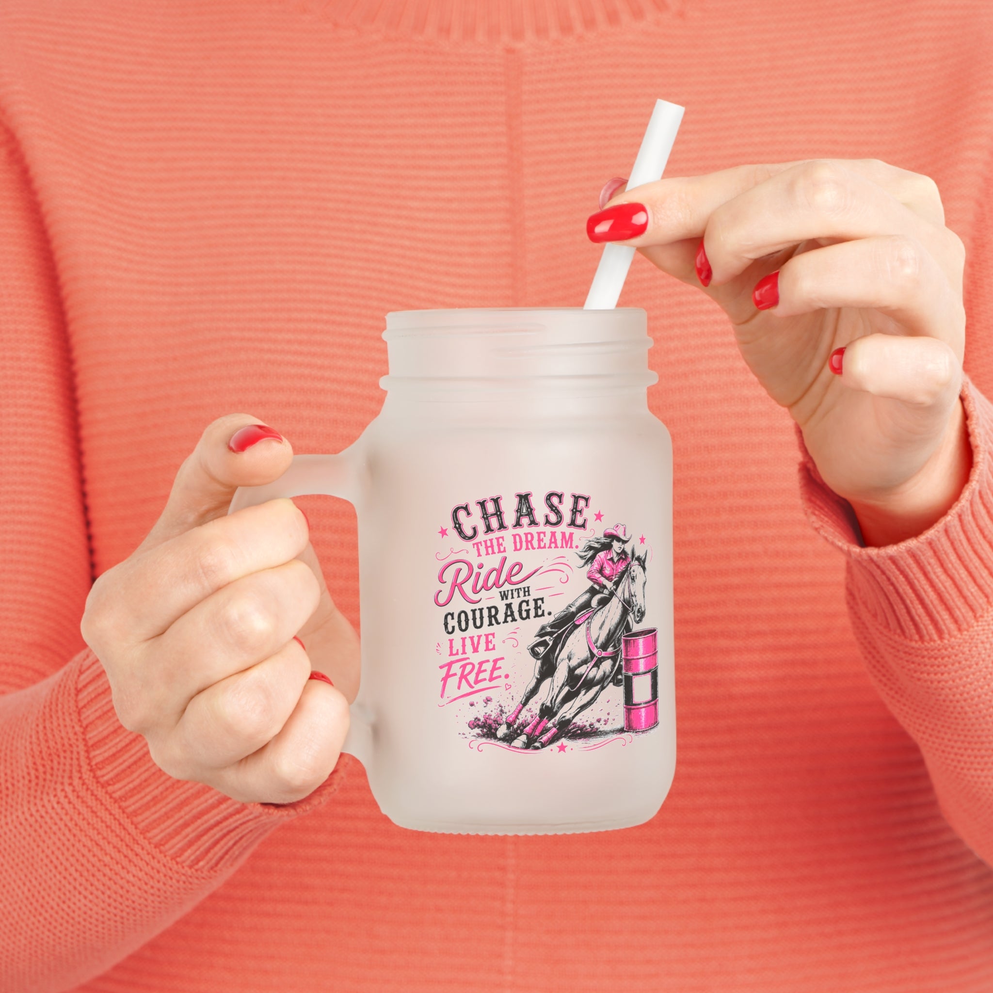 Mason Jar Tumbler — 'Chase the Dream, Ride with Courage' Racing Glass Jar with Handle & Straw (Pink Accent)