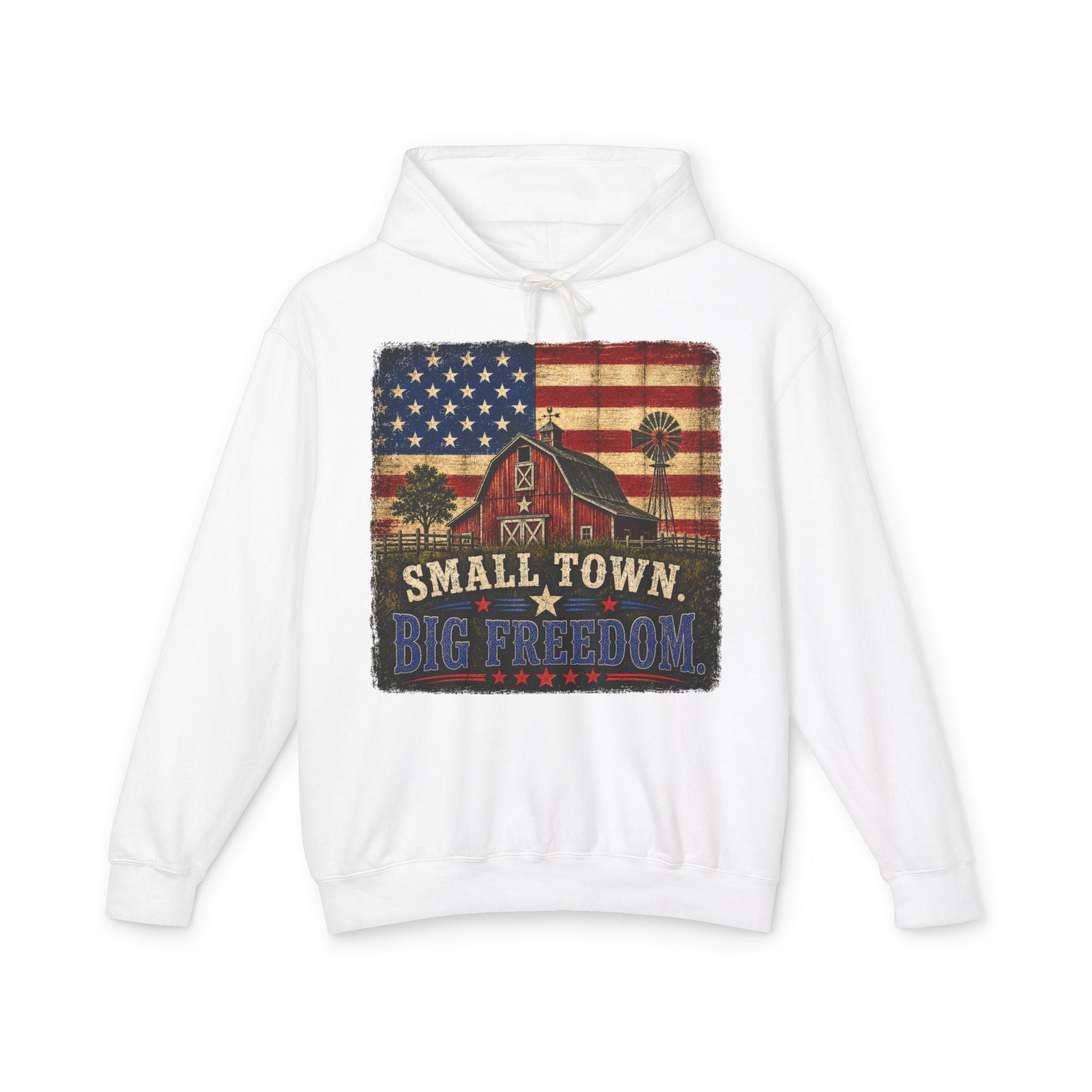 Small Town Big Freedom Hoodie — Vintage American Flag Barn Patriotic Pullover