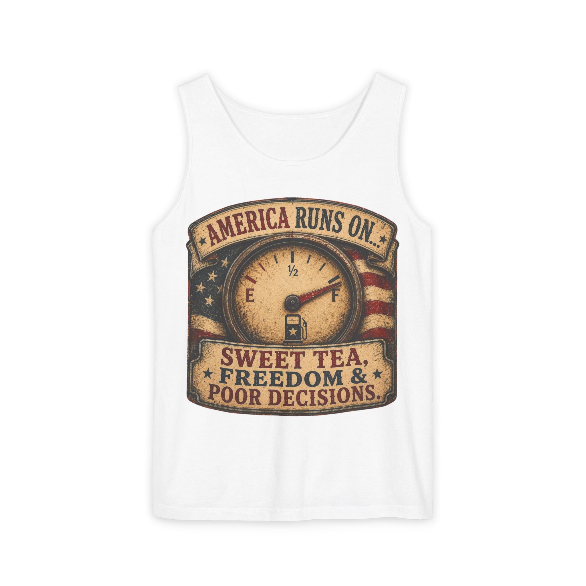 "America Runs On... Sweet Tea, Freedom & Poor Decisions" Vintage Patriotic Graphic — Tank Top