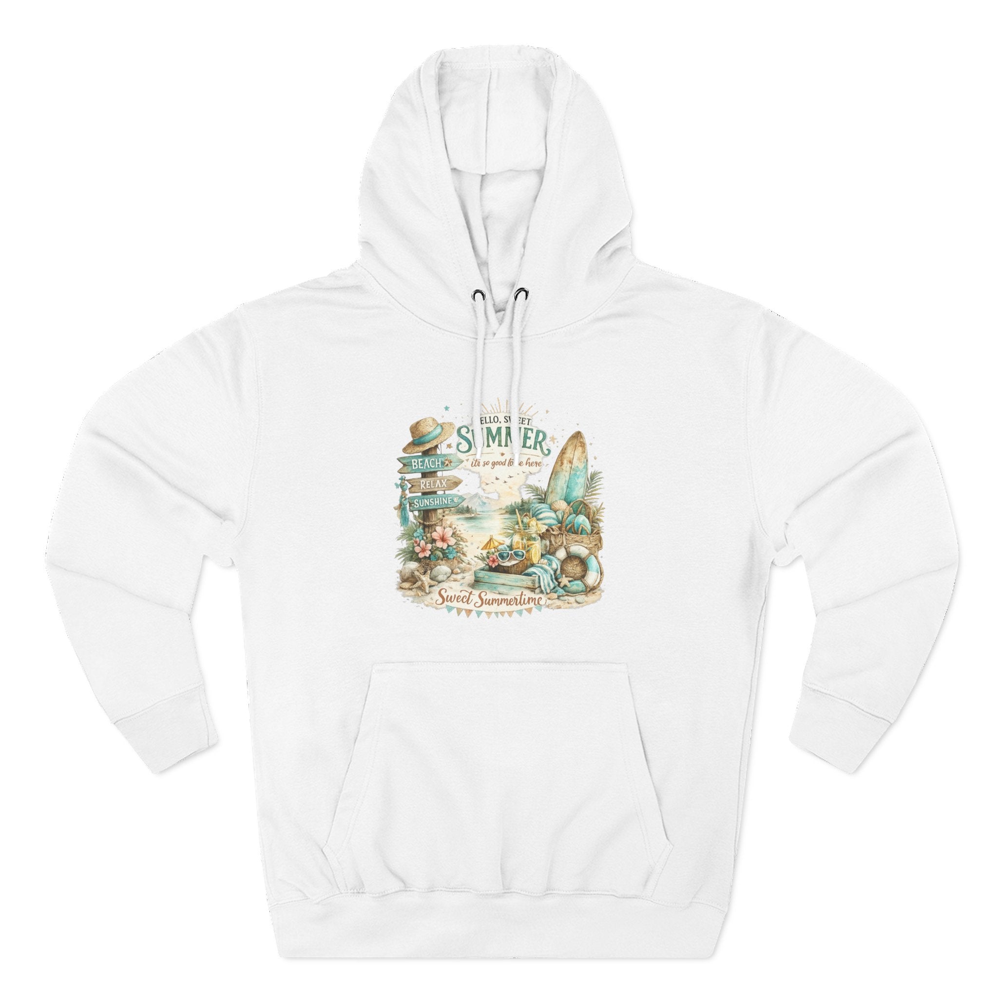 Summer Beach Vibes Hoodie — Surf, Seashells & Sun Graphic Hoodie