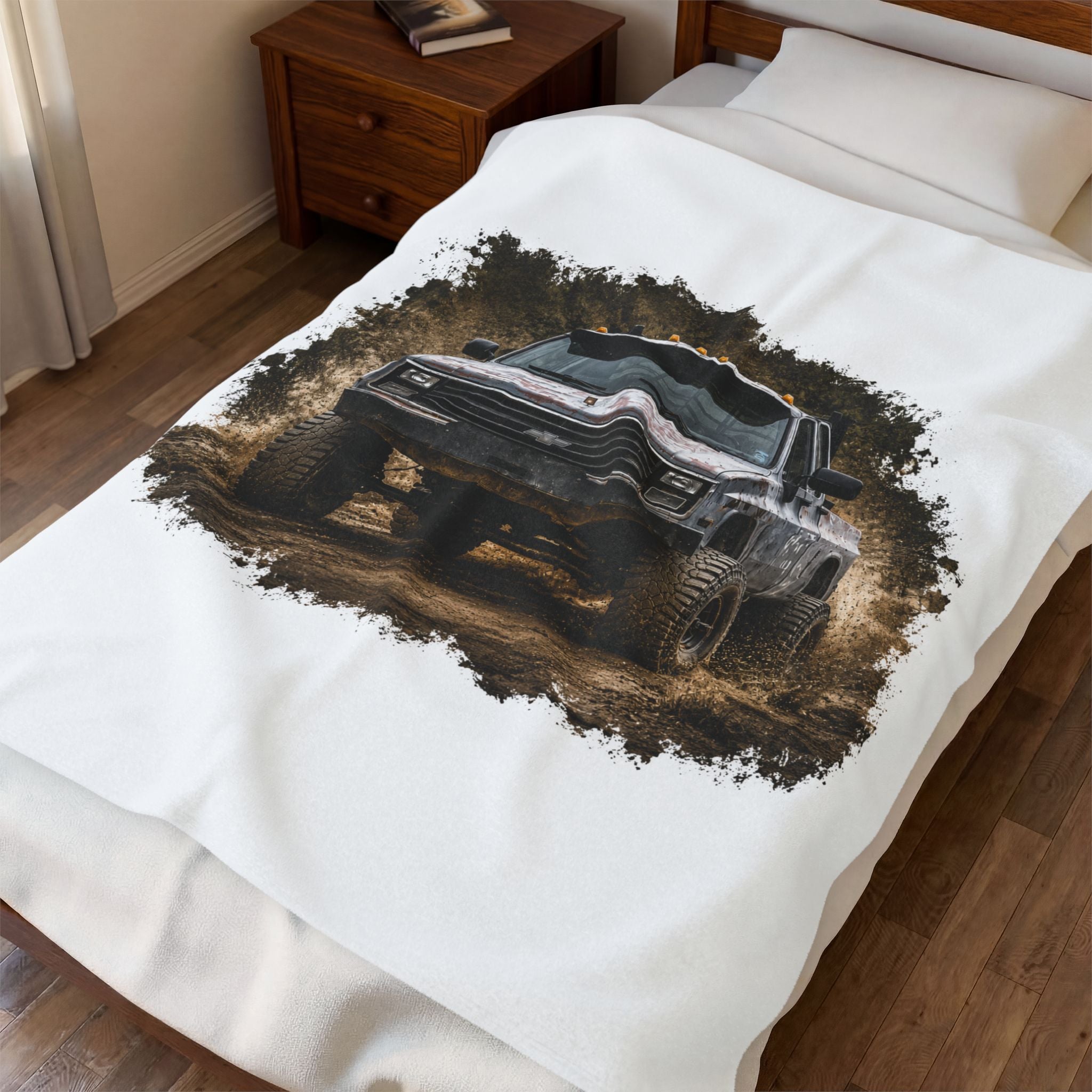 Off-Road Truck Velveteen Plush Blanket – Muddy 4x4 Pickup Graphic Throw