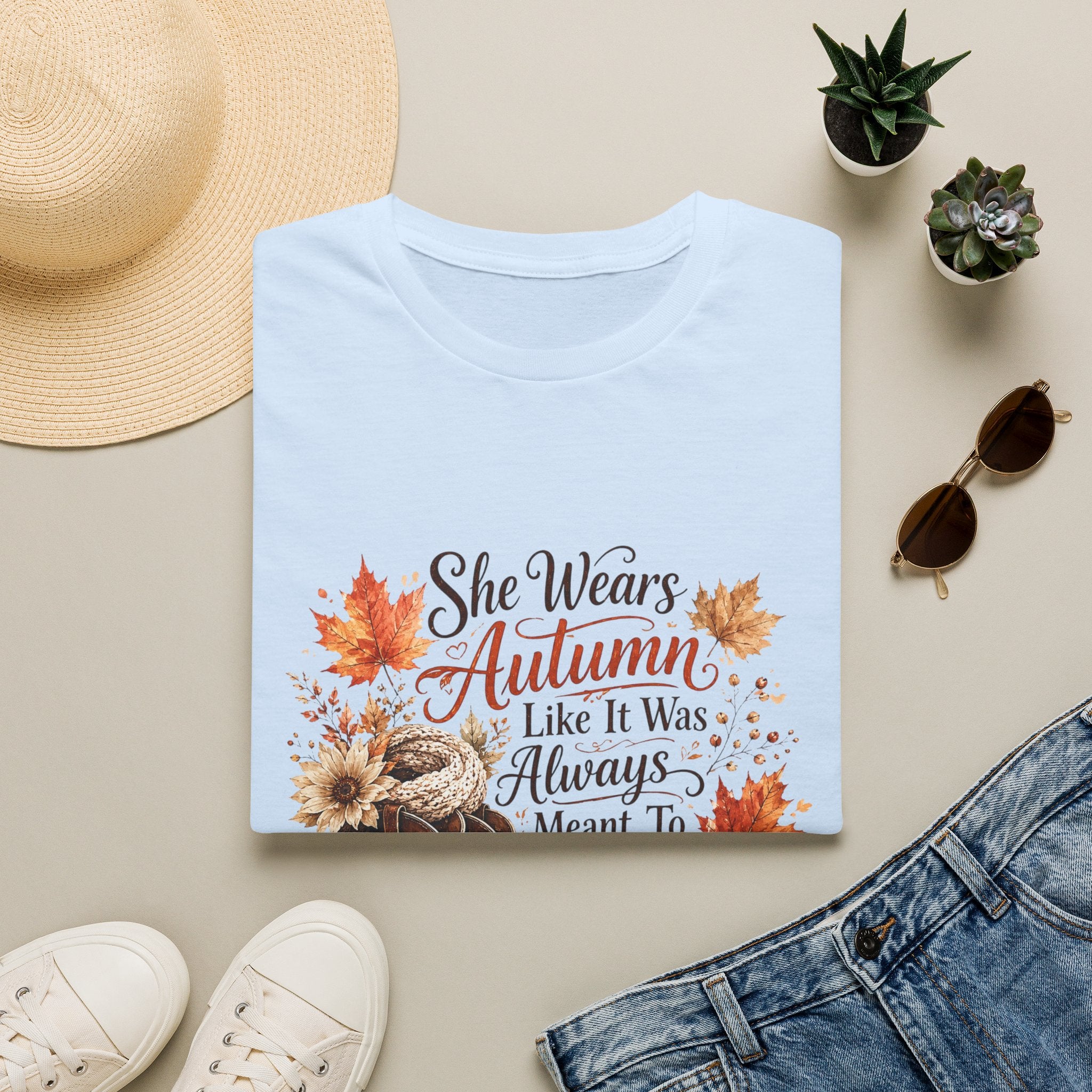 “She Wears Autumn Like It Was Always Meant To Find Her” Fall Graphic T-Shirt — Autumn Tee