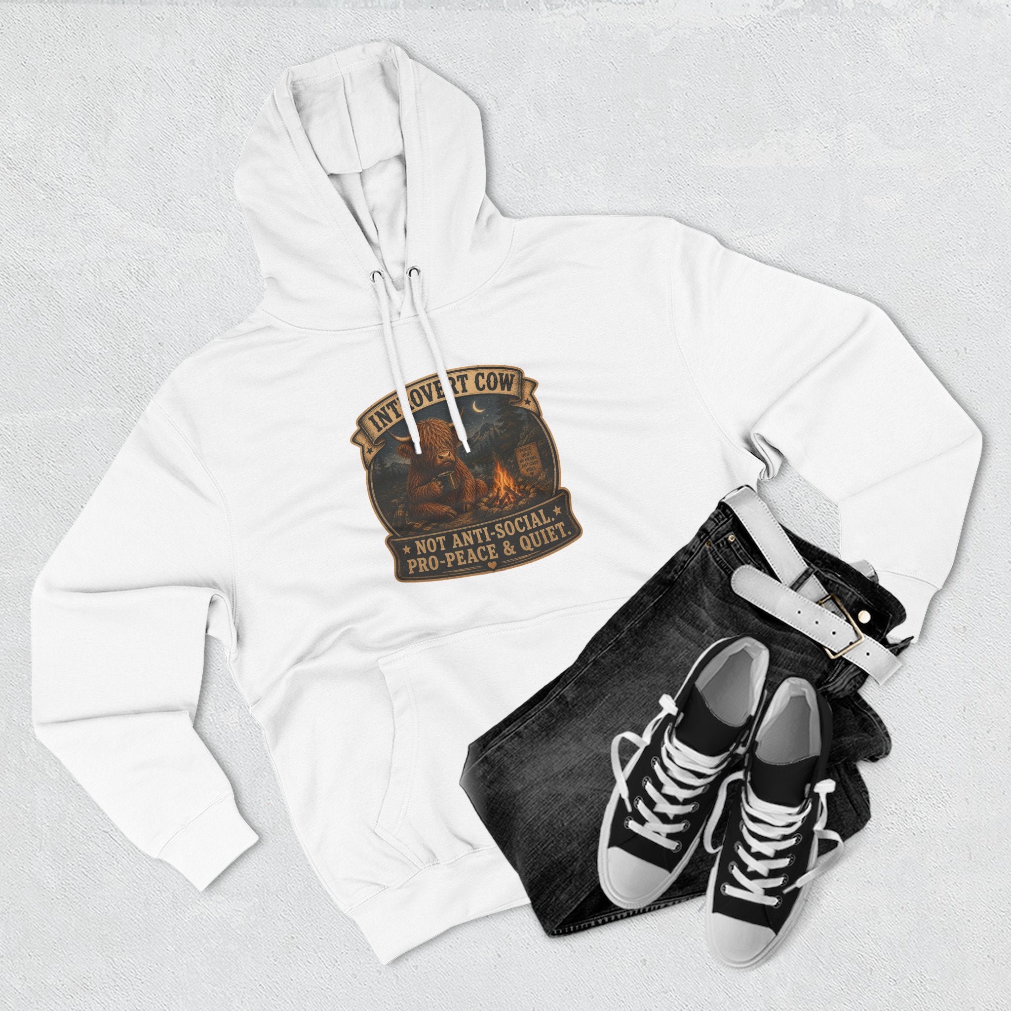 Introvert Highland Cow Three-Panel Fleece Hoodie