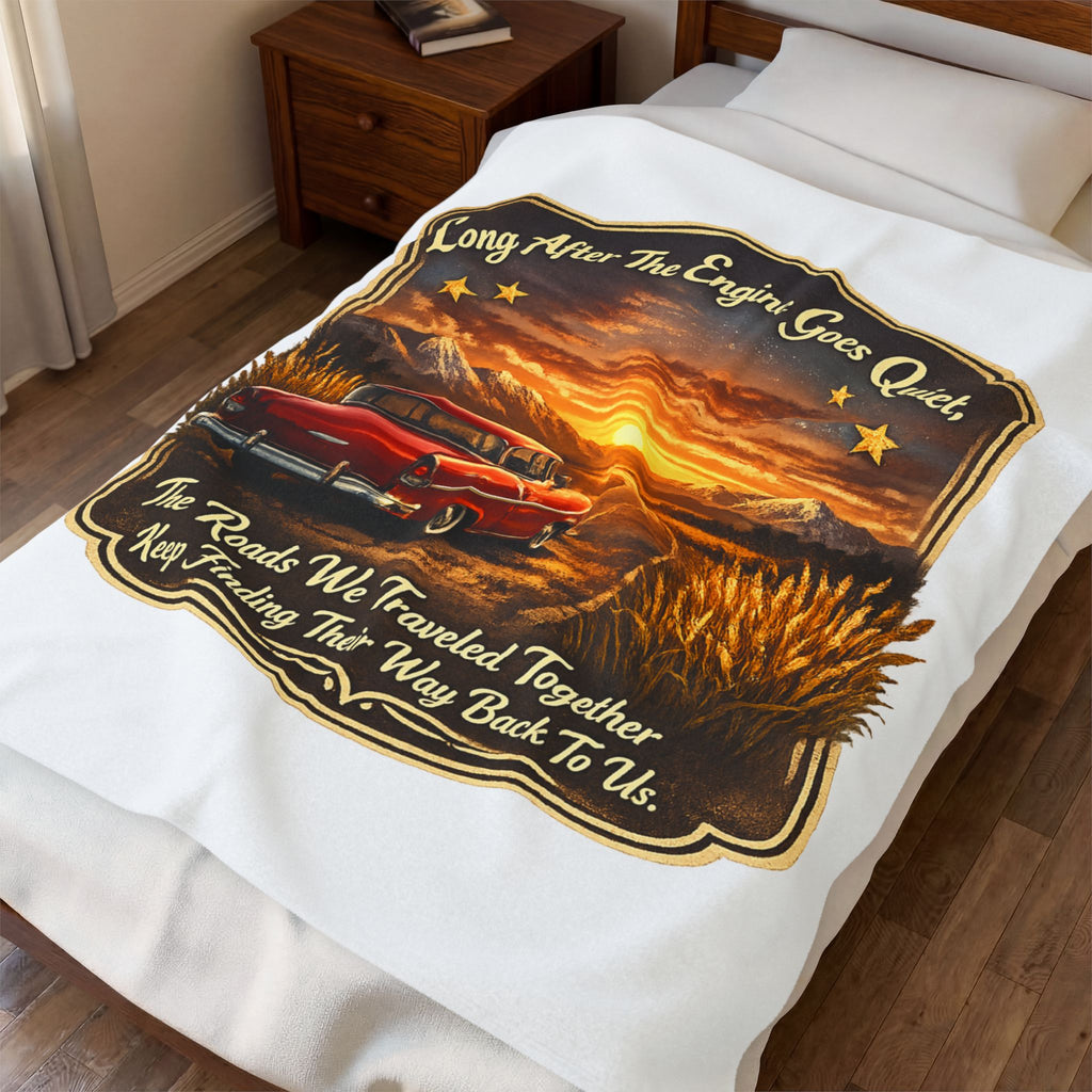 Vintage Car Sunset Throw with 'Long After The Engine Goes Quiet' Quote — Velveteen Plush Blanket