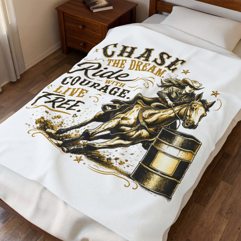 "Chase the Dream. Ride with Courage. Live Free." — (Gold) Barrel Racing Velveteen Plush Blanket