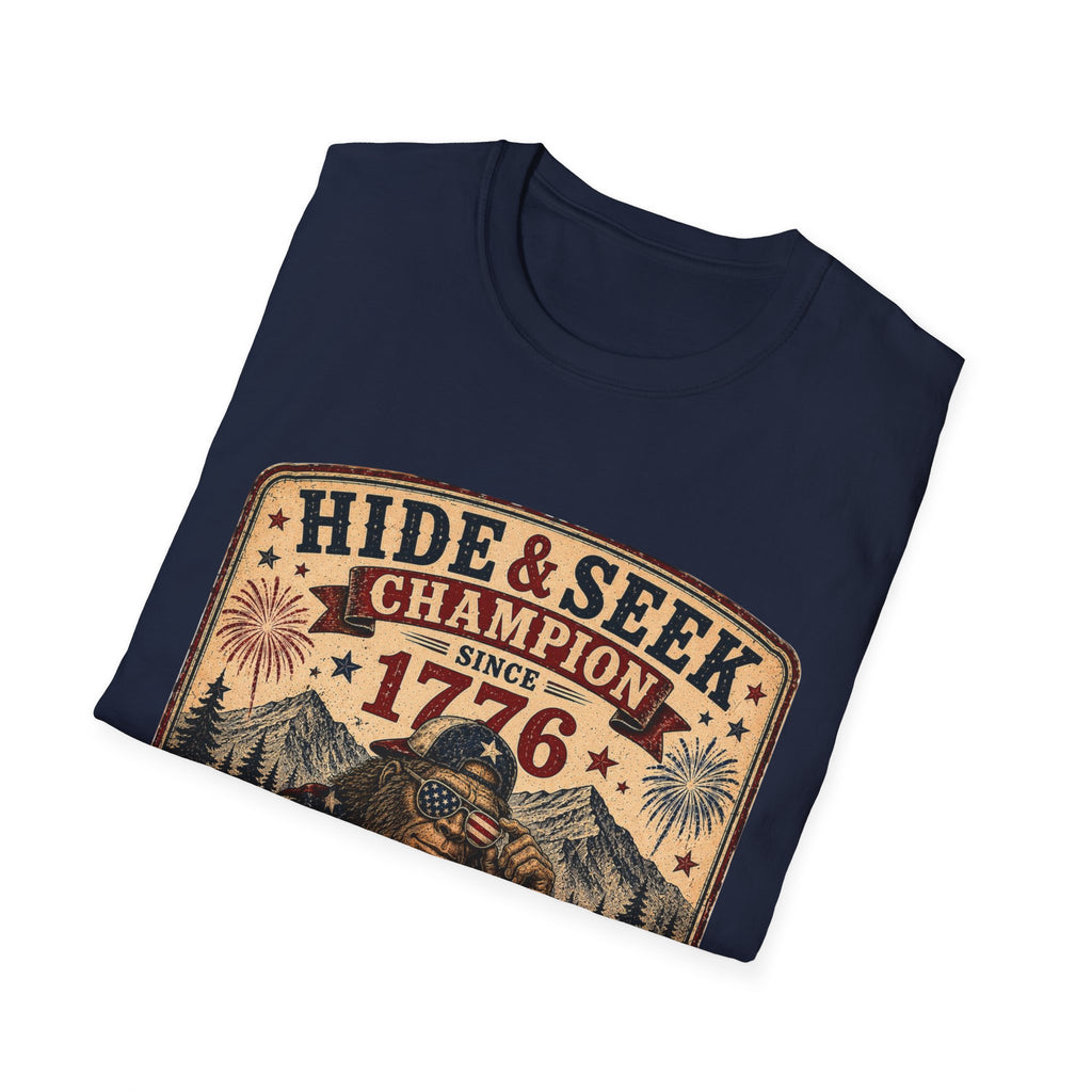 "Hide & Seek Champion Since 1776" Vintage Patriotic Graphic — T-Shirt