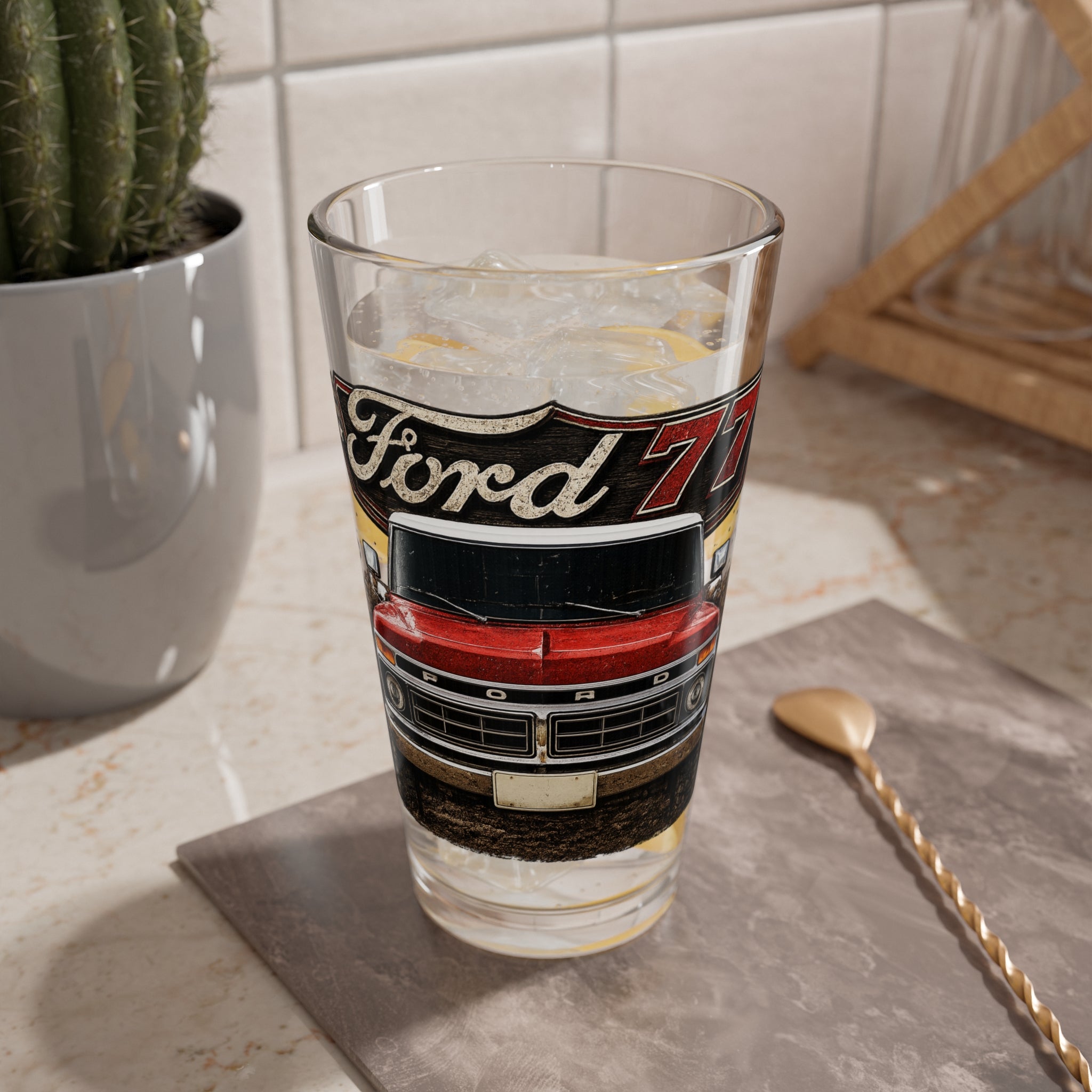 Ford 77 Truck Mixing Glass — 16oz Pint with Vintage Red Pickup Design