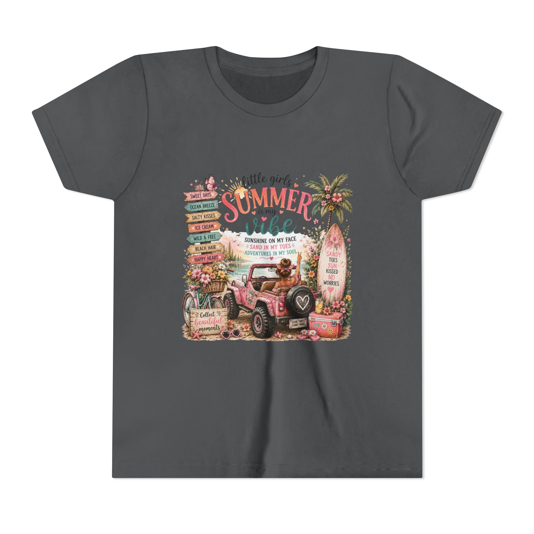 "Little Girls Summer Vibe" Tropical Jeep Surfboard Beach Graphic - Youth Tee