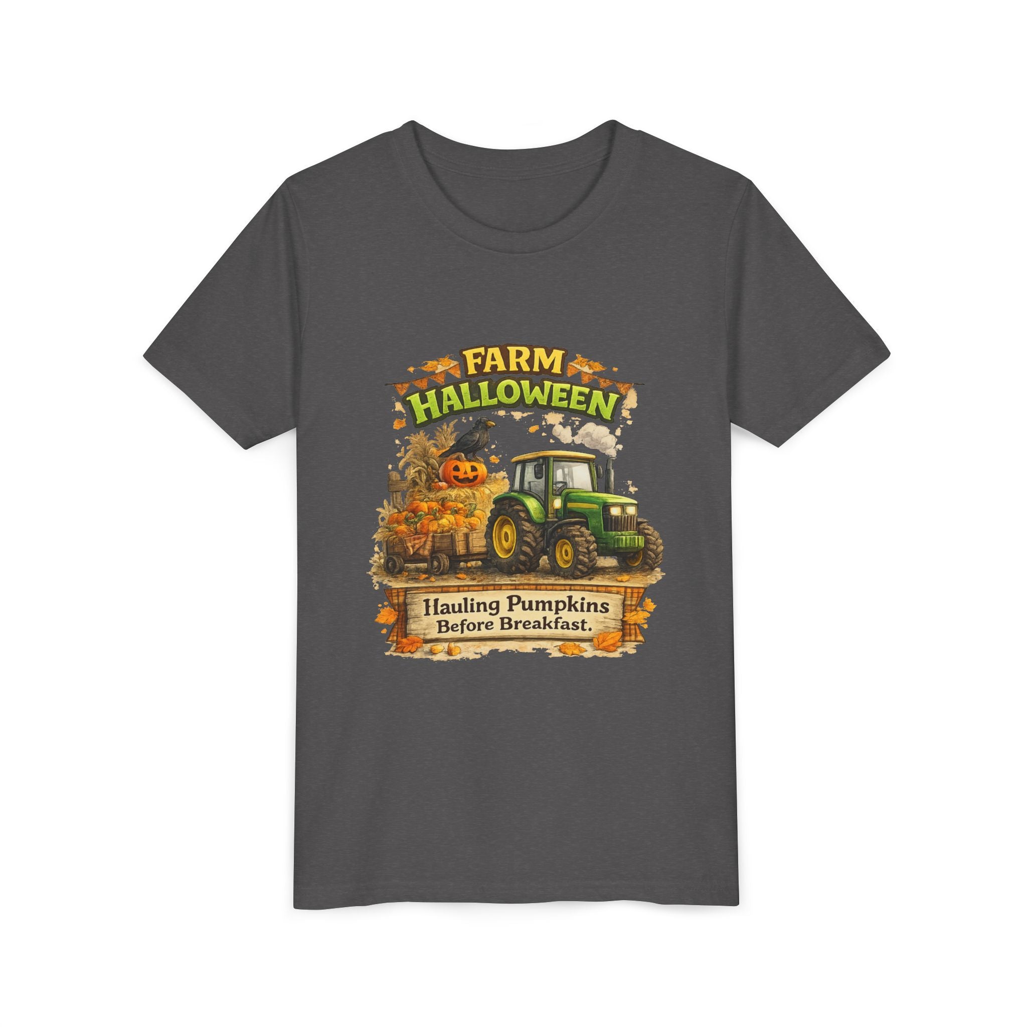 "Hauling Pumpkins Before Breakfast" Tractor Graphic — Youth Farm Halloween Tee