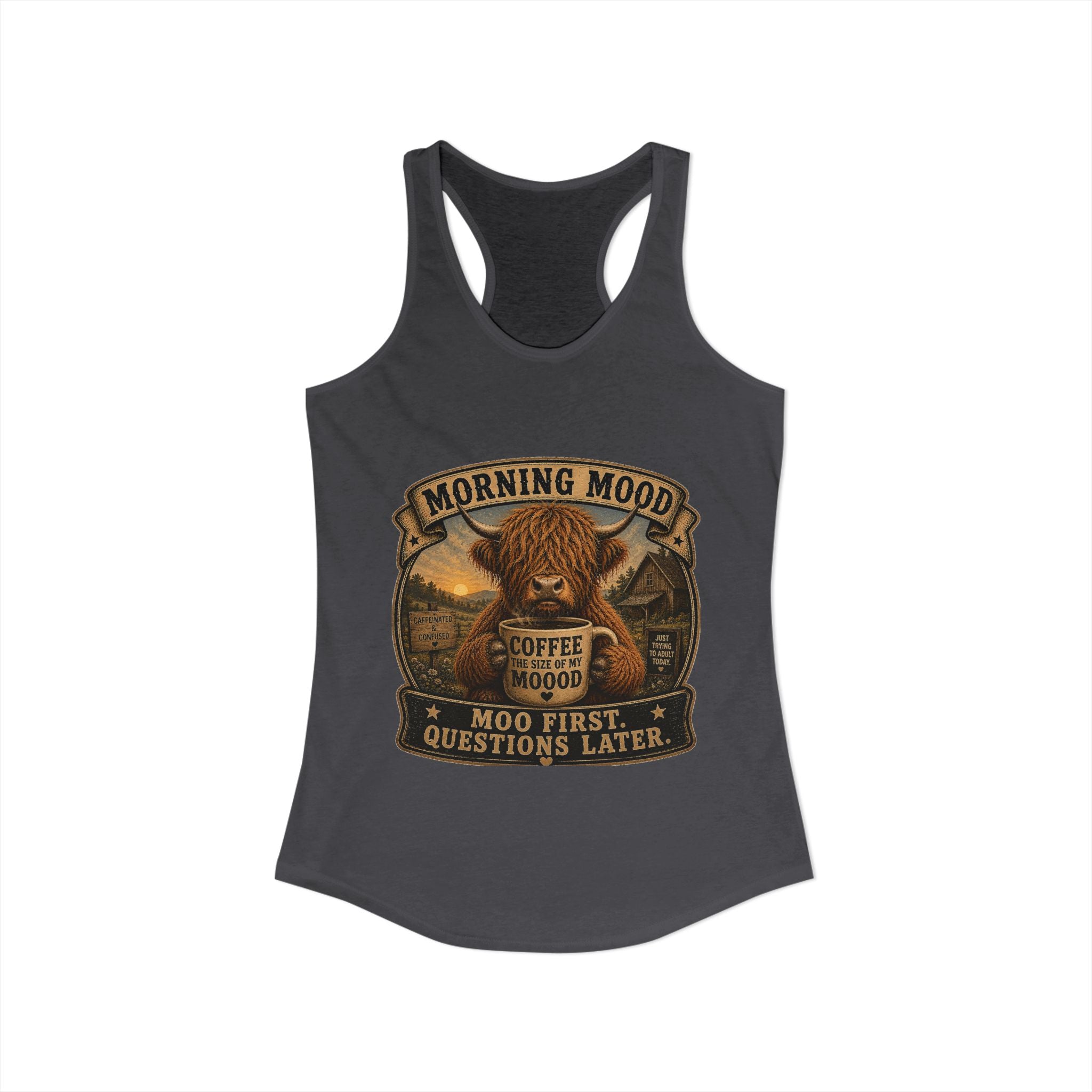 Morning Mood Highland Cow Women's Ideal Racerback Tank