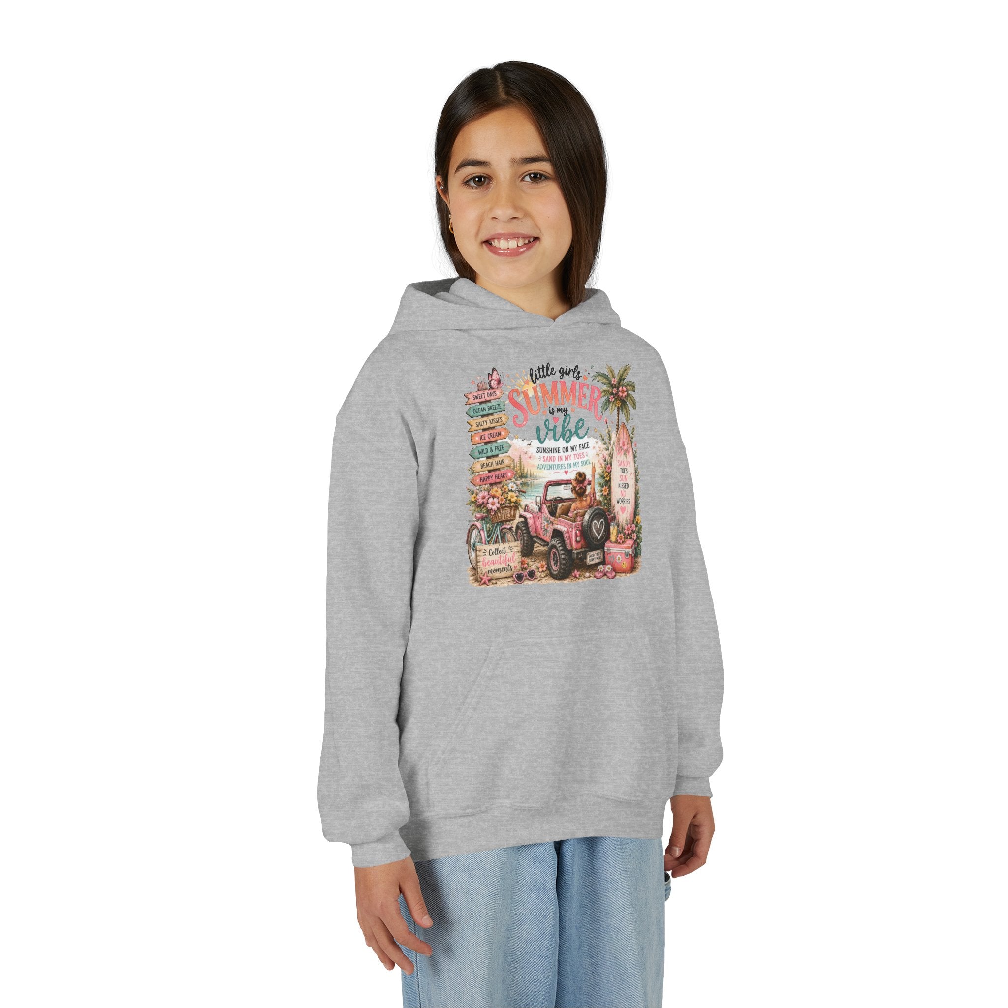 "Hello Good Ol' Summer Vibe" Beach Jeep Design – Youth Summer Vibes Hoodie