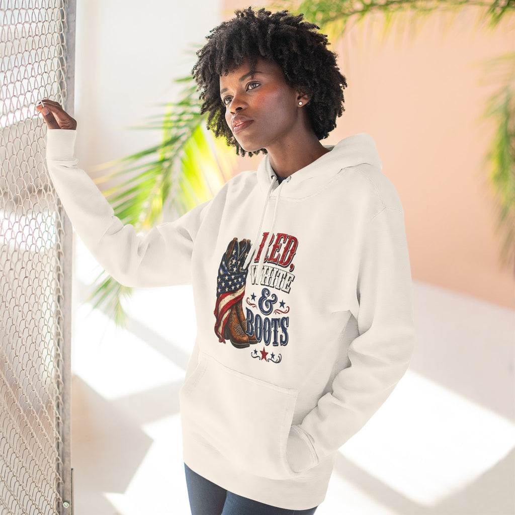 Patriotic 'Red White & Boots' Hoodie — American Flag Cowboy Boots Pullover