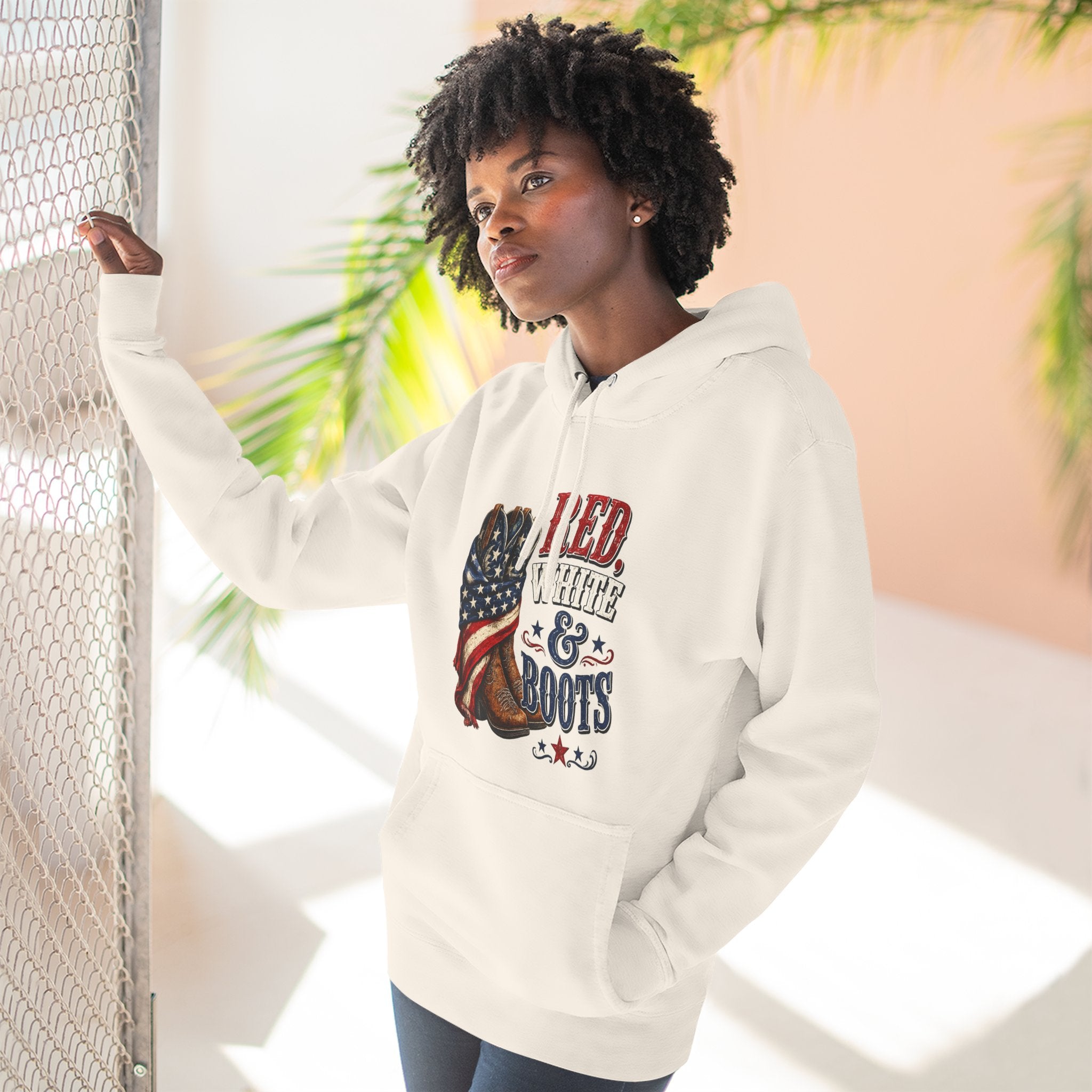 Patriotic 'Red White & Boots' Hoodie — American Flag Cowboy Boots Pullover