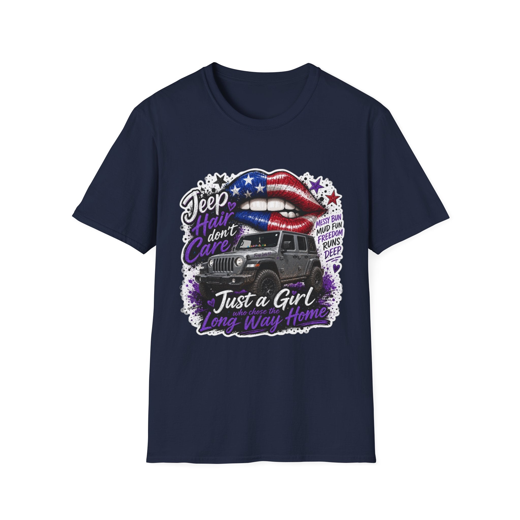 Jeep Hair Don't Care T-Shirt — American Flag Lips Off-Road Truck Tee
