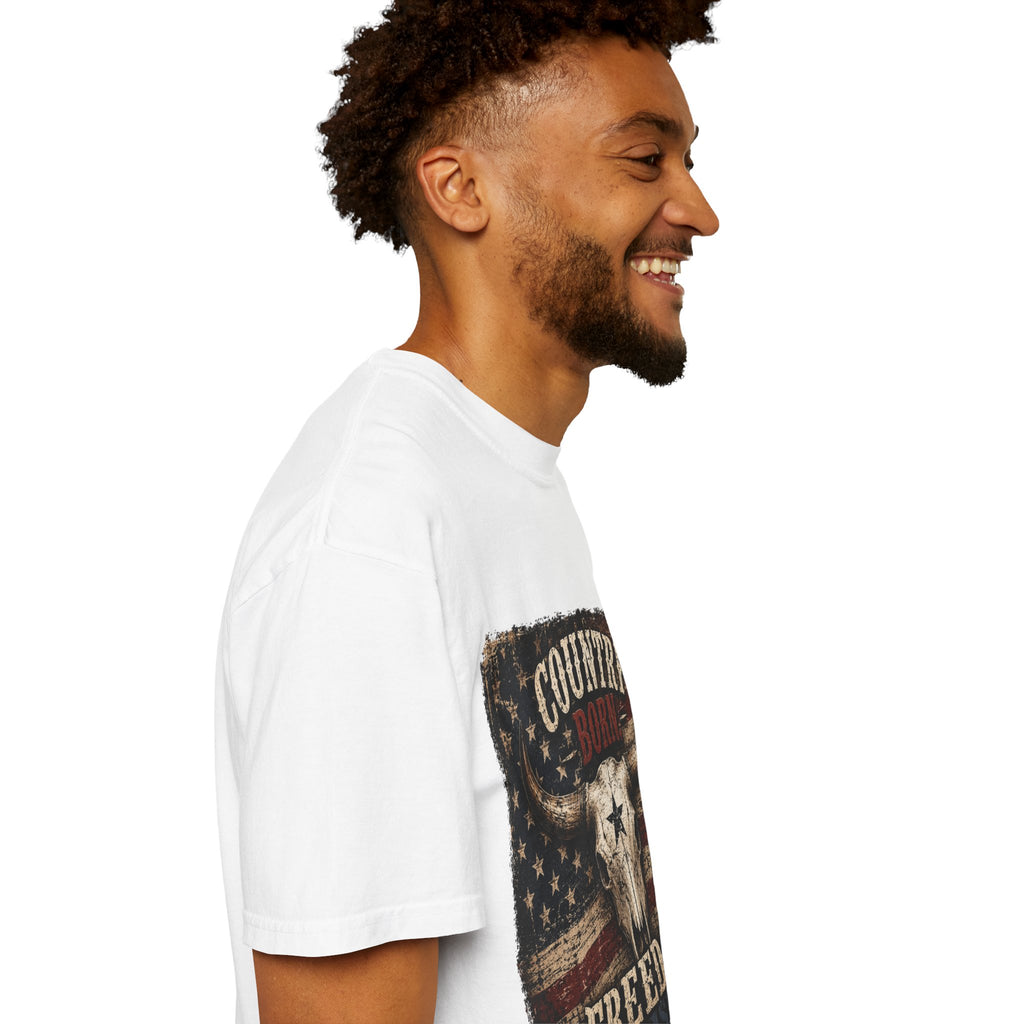 Country Born Freedom Raised T-Shirt — American Flag Steer Skull Graphic