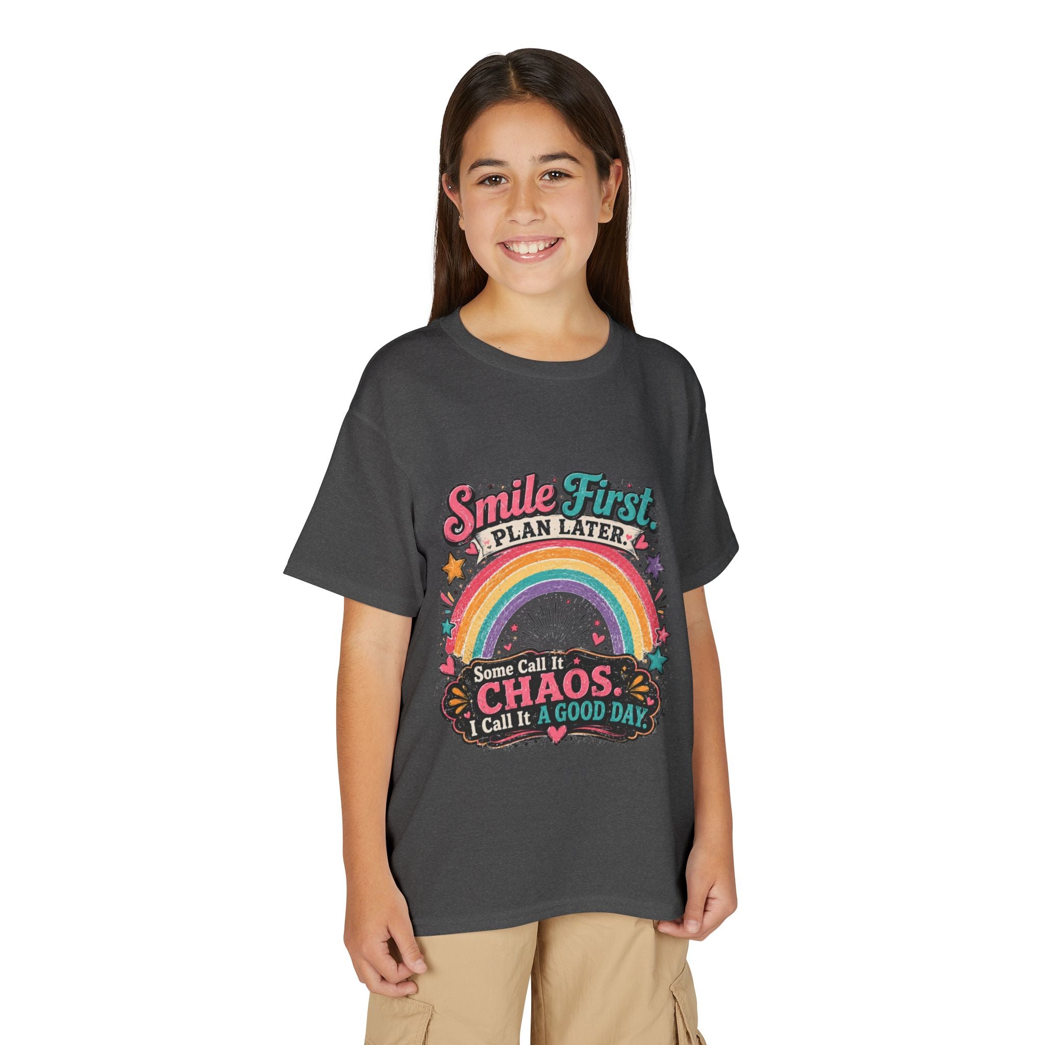"Smile First, Plan Later" Rainbow Chaos Graphic Tee - Youth T-Shirt —