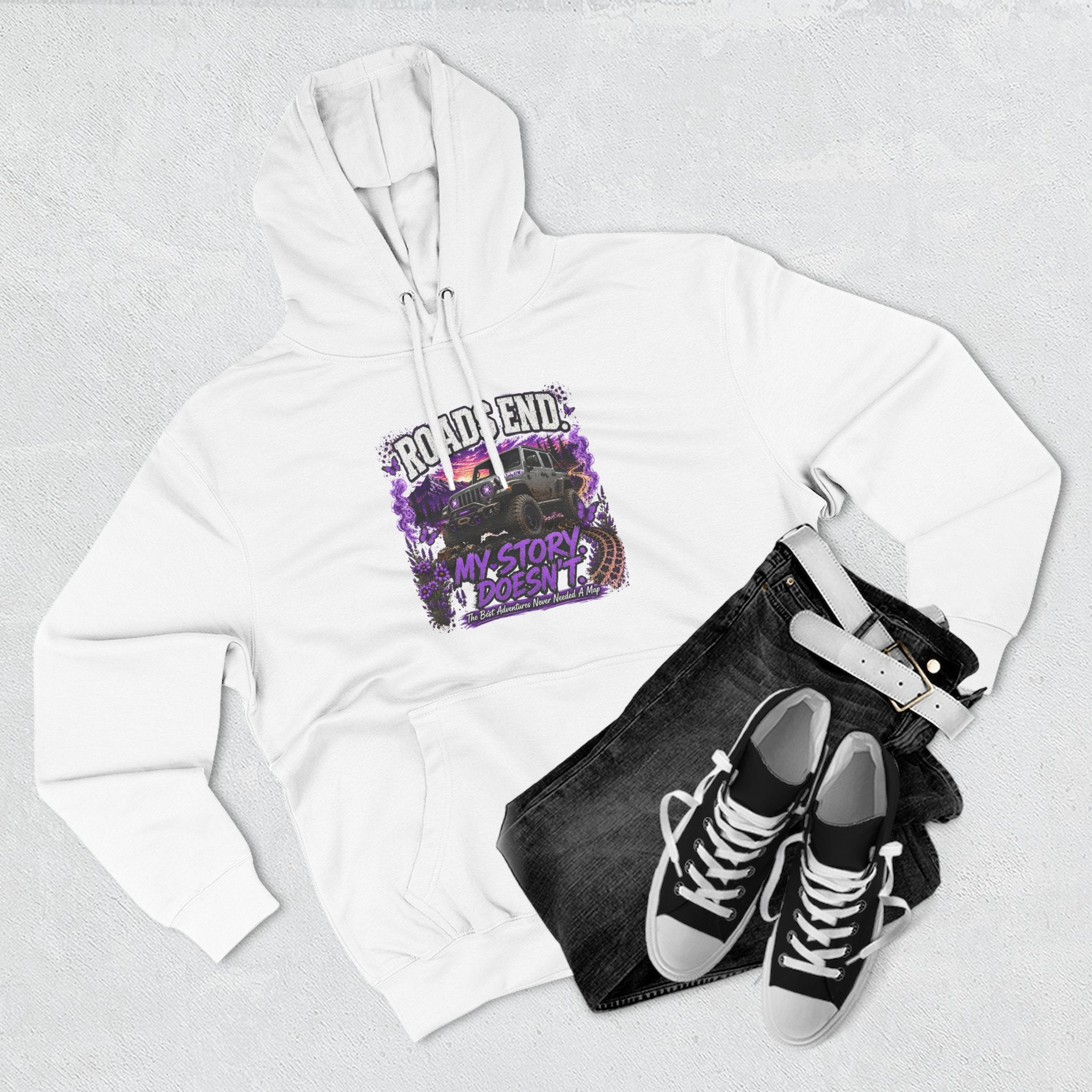 Roads End Jeep (Purple) Three-Panel Fleece Hoodie