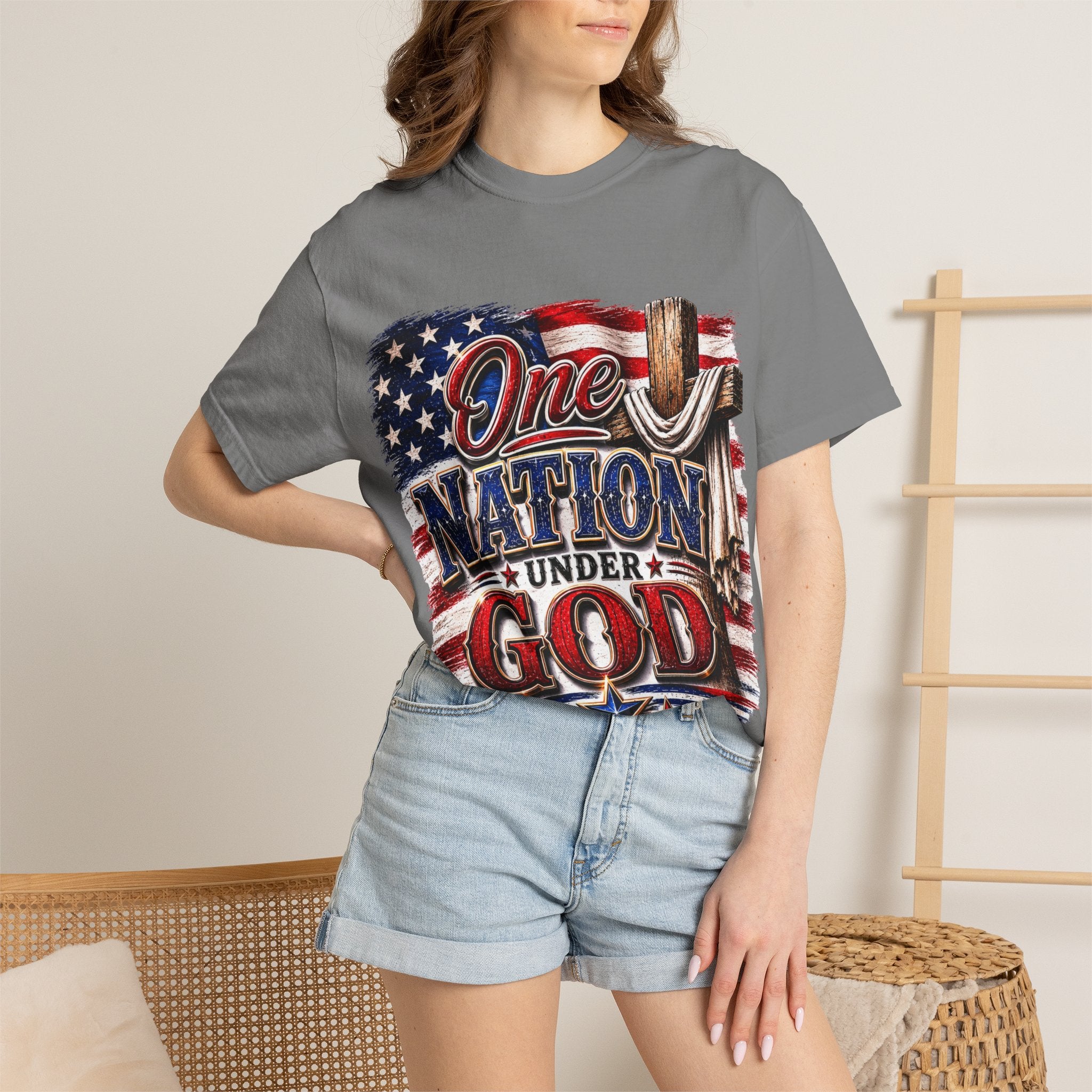 One Nation Under God T-Shirt — Patriotic American Flag & Cross Graphic