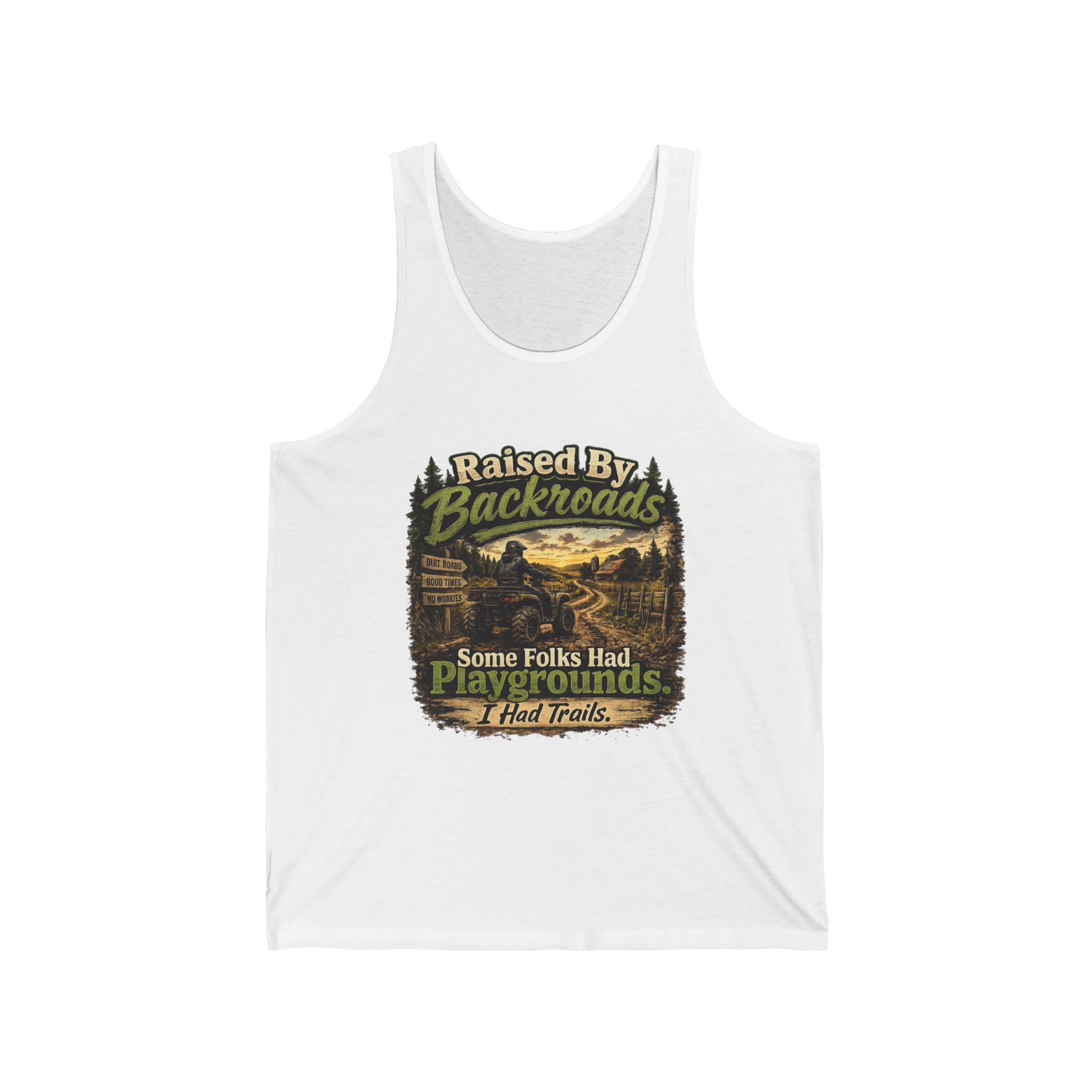 "Some Folks Had Playgrounds, I Had Trails" Outdoor Adventure Tank — Raised By Backroads Tank Top