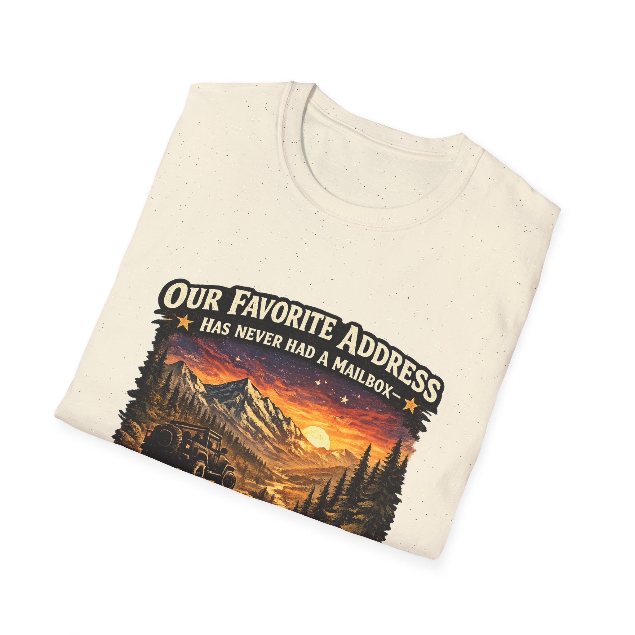 "Our Favorite Address Has Never Had a Mailbox" Scenic Mountain Camping Tee — T-Shirt