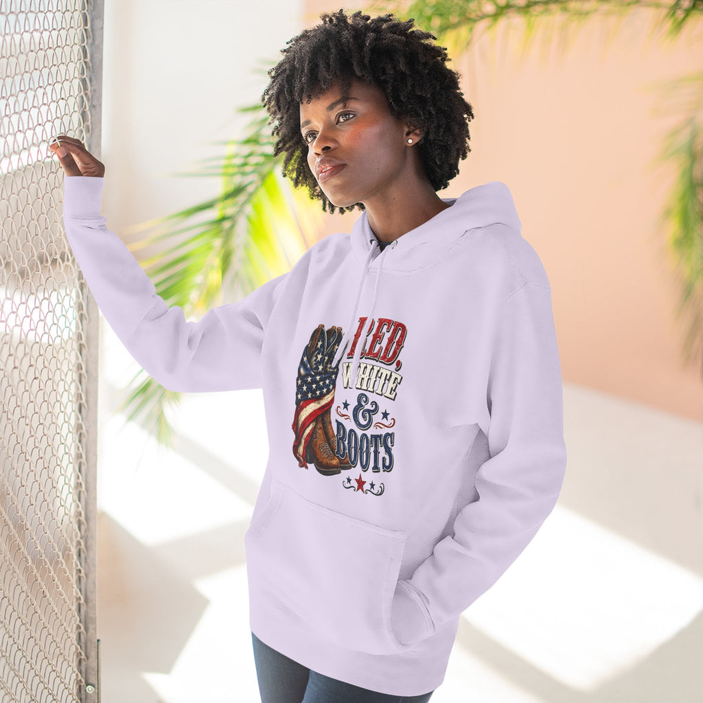 Patriotic 'Red White & Boots' Hoodie — American Flag Cowboy Boots Pullover