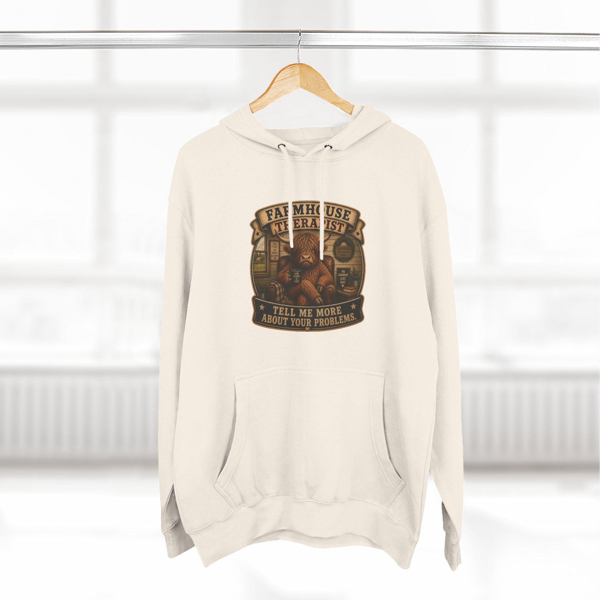 Farmhouse Therapist Highland Cow Three-Panel Fleece Hoodie